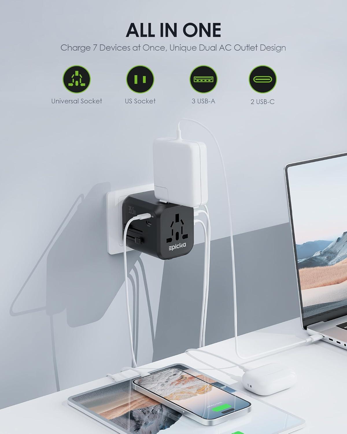 imageEPICKA 35W Universal Travel Adapter with 2 AC Outlet European Travel Plug Adapter with PD Fast Charging 6Port 2 AC2 USBC3 USBA International Power Adapter  Travel Essentials TA205 WhiteBlack
