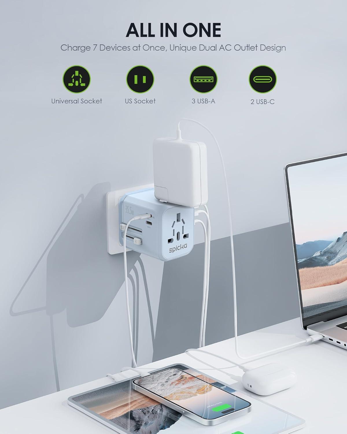 imageEPICKA 35W Universal Travel Adapter with 2 AC Outlet European Travel Plug Adapter with PD Fast Charging 6Port 2 AC2 USBC3 USBA International Power Adapter  Travel Essentials TA205 WhiteBlue
