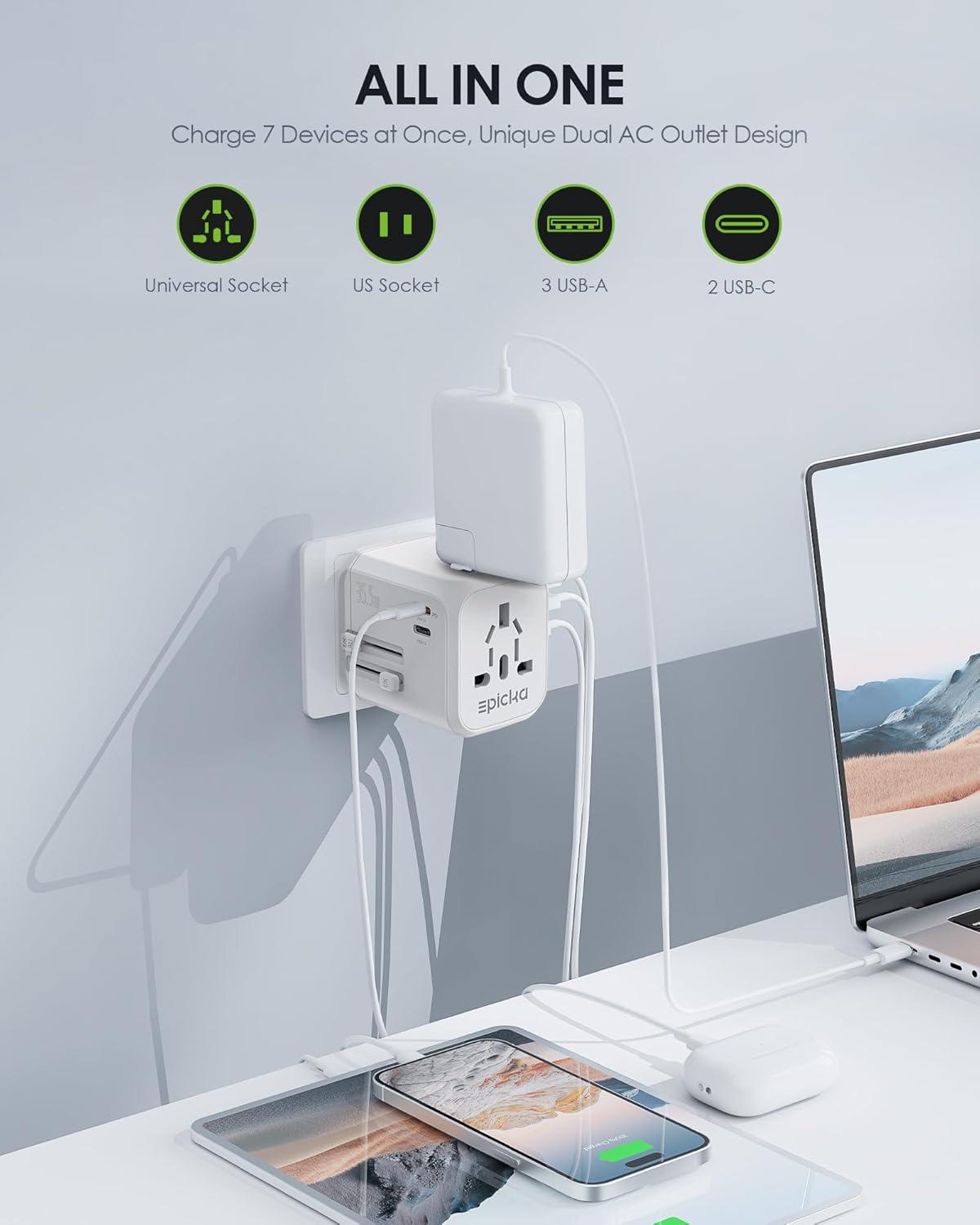 imageEPICKA 35W Universal Travel Adapter with 2 AC Outlet European Travel Plug Adapter with PD Fast Charging 6Port 2 AC2 USBC3 USBA International Power Adapter  Travel Essentials TA205 WhiteWhite