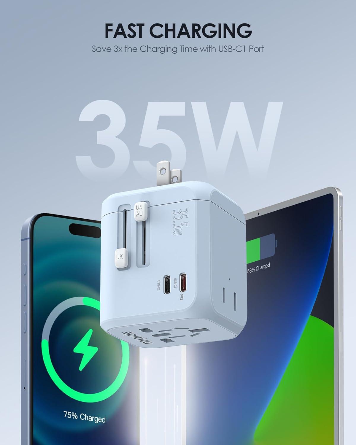 imageEPICKA 35W Universal Travel Adapter with 2 AC Outlet European Travel Plug Adapter with PD Fast Charging 6Port 2 AC2 USBC3 USBA International Power Adapter  Travel Essentials TA205 WhiteBlue