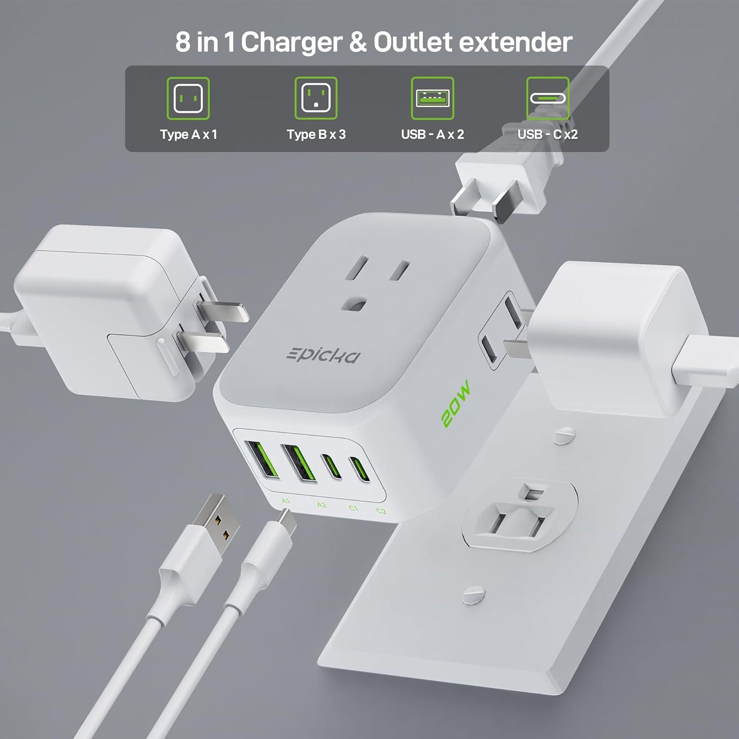 imageEPICKA Hybrid Wall Charger 8 Outlet Multi Plug Dorm Room Essentials Wall Outlet Extender with 4 USB Ports2USB C PD 20W No Surge Protecter Fast Charging Folderable Expander for Cruise Travel WhiteWhite