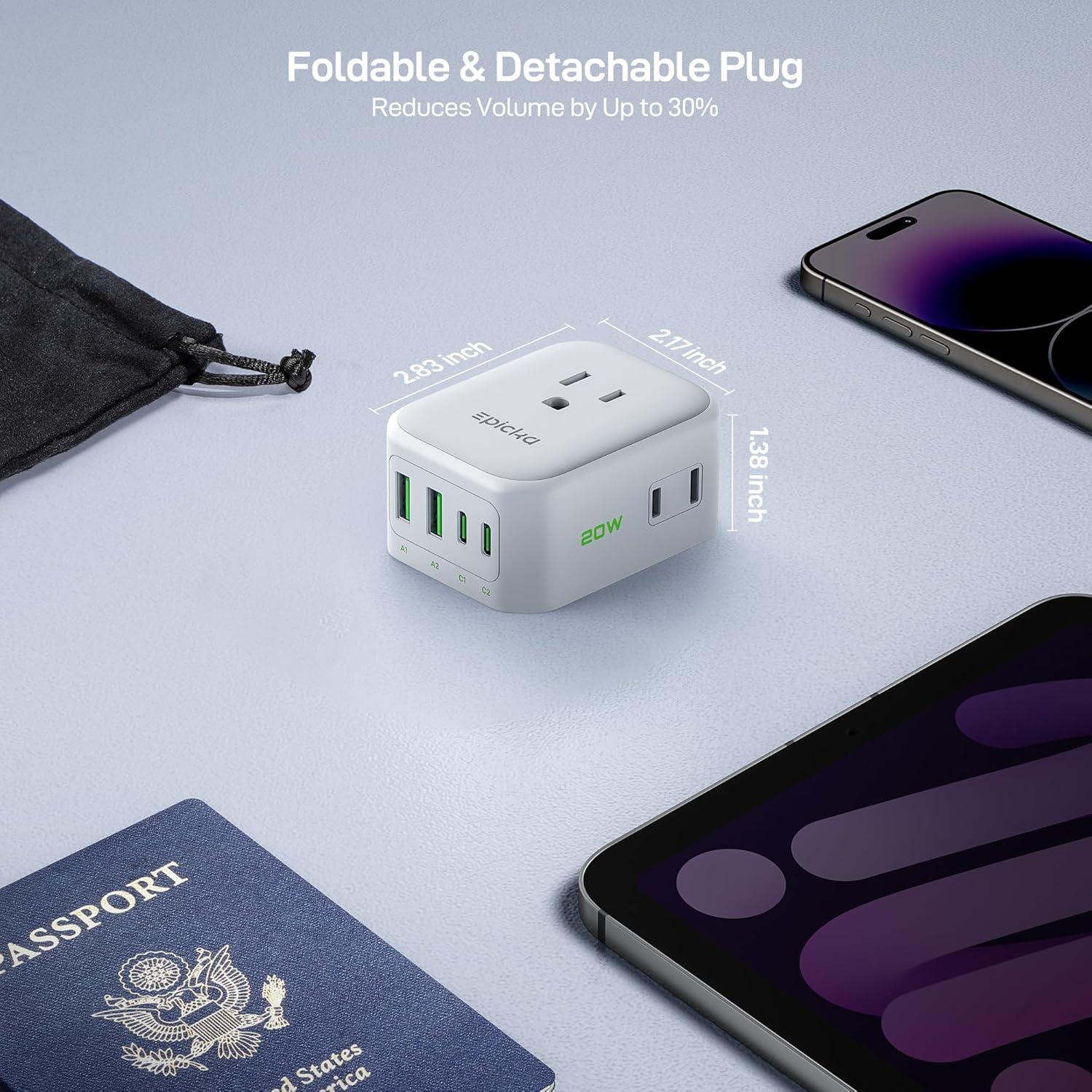 imageEPICKA Hybrid Wall Charger 8 Outlet Multi Plug Dorm Room Essentials Wall Outlet Extender with 4 USB Ports2USB C PD 20W No Surge Protecter Fast Charging Folderable Expander for Cruise Travel WhiteWhite