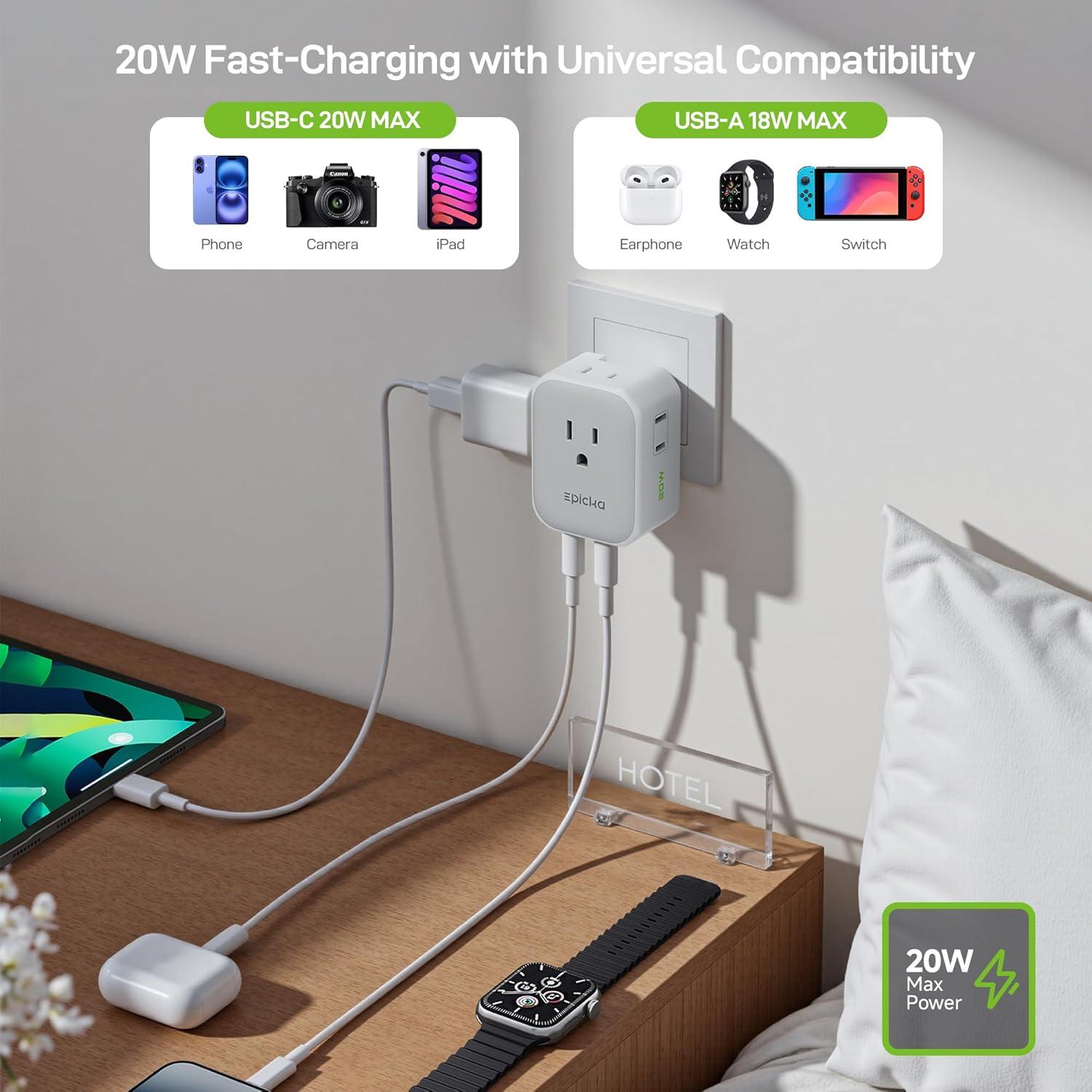 imageEPICKA Hybrid Wall Charger 8 Outlet Multi Plug Dorm Room Essentials Wall Outlet Extender with 4 USB Ports2USB C PD 20W No Surge Protecter Fast Charging Folderable Expander for Cruise Travel WhiteWhite
