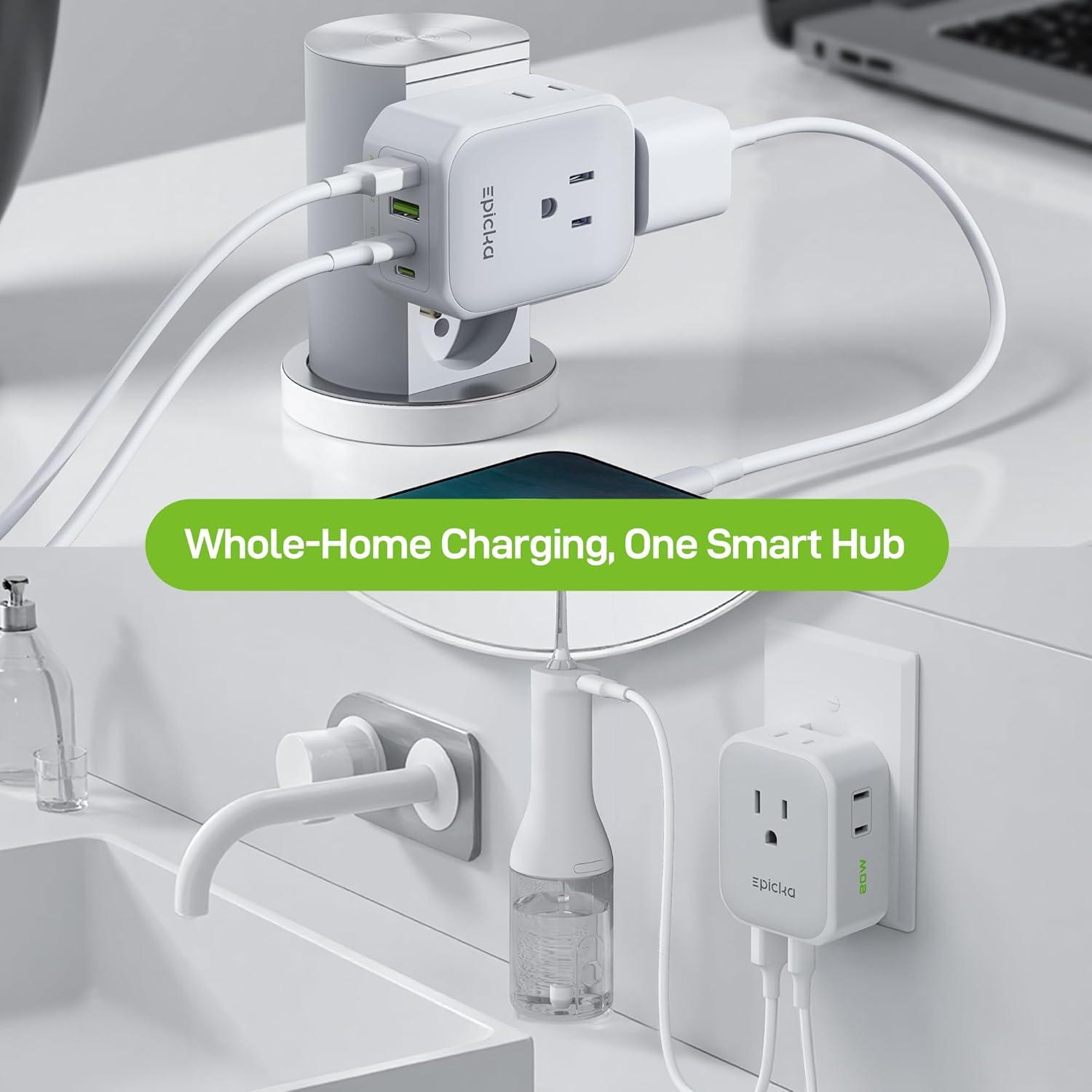 imageEPICKA Hybrid Wall Charger 8 Outlet Multi Plug Dorm Room Essentials Wall Outlet Extender with 4 USB Ports2USB C PD 20W No Surge Protecter Fast Charging Folderable Expander for Cruise Travel WhiteWhite