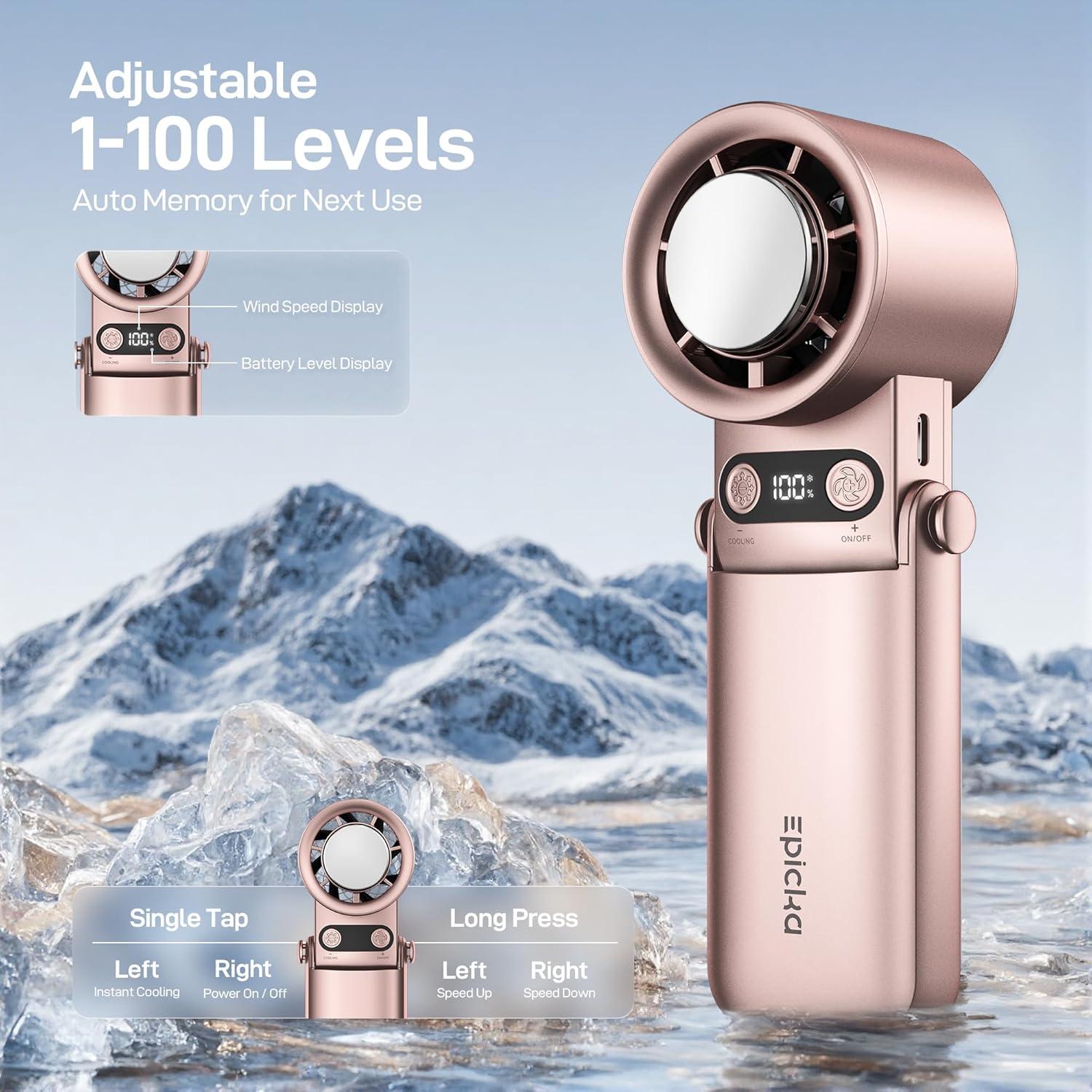 imageEPICKA Portable Handheld Fan with Ice Cooler  25H Runtime Rechargeable 6800mAh Personal Turbo Fan with Power Bank Fast Charging 0100 Speed Gifts for Women Summer Travel Essentials BlackRose Gold