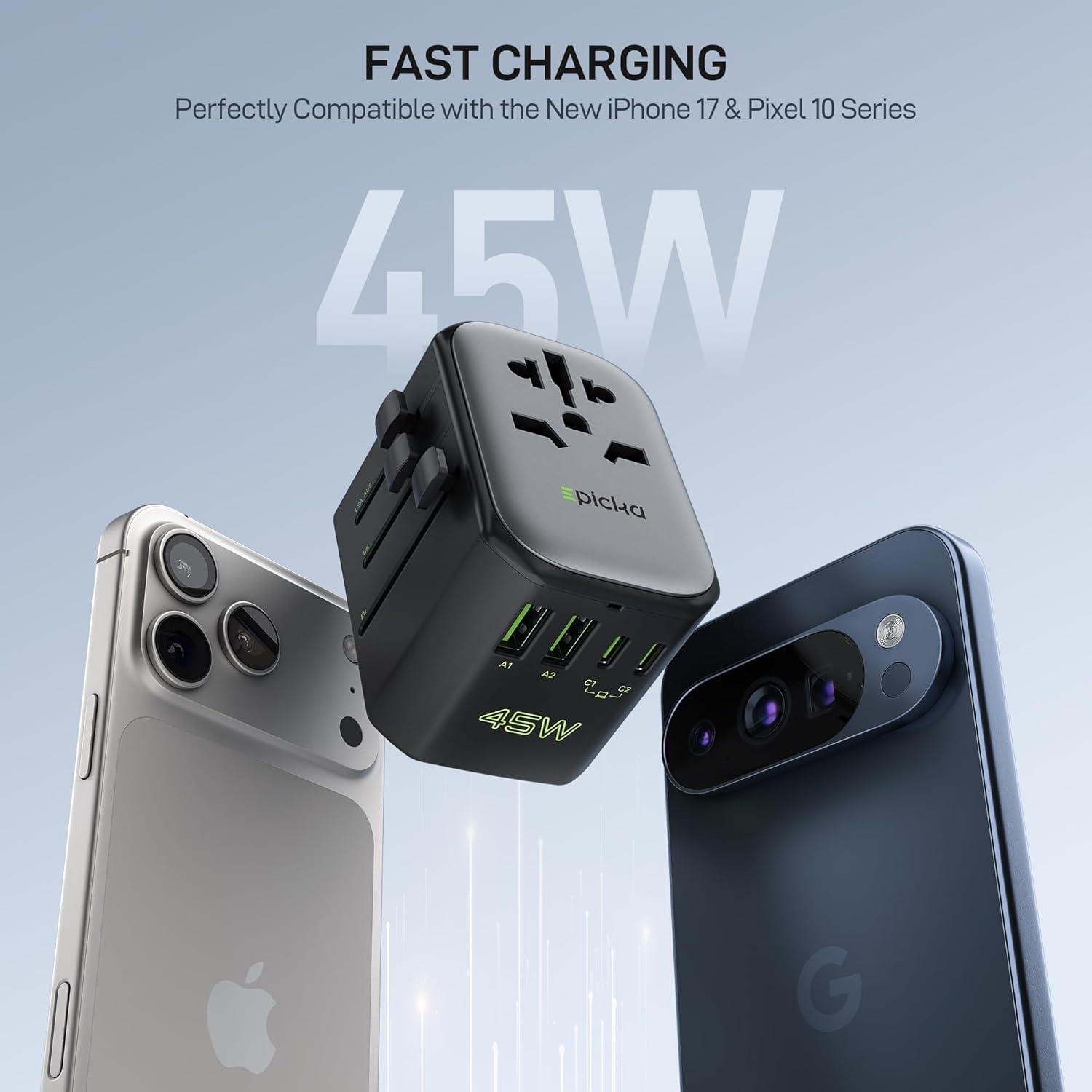 imageEPICKA Pulse 45W European Travel Plug Adapter Universal Power Adapter with PD Fast Charging 5Port 1 AC2 USBA2 USBC International Charger Adapter for Europe Japan  Travel Essentials BlackBlack