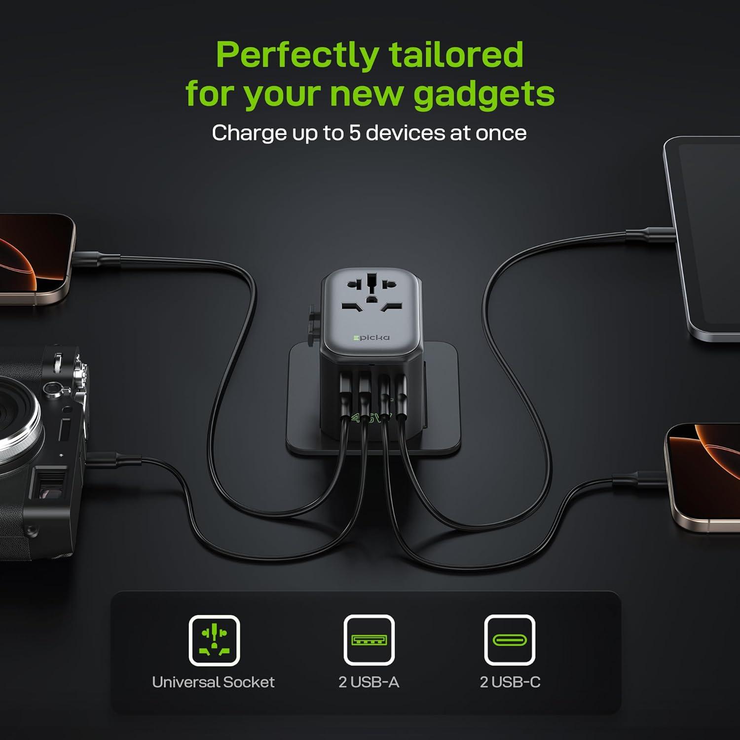 imageEPICKA Pulse 45W European Travel Plug Adapter Universal Power Adapter with PD Fast Charging 5Port 1 AC2 USBA2 USBC International Charger Adapter for Europe Japan  Travel Essentials BlackBlack