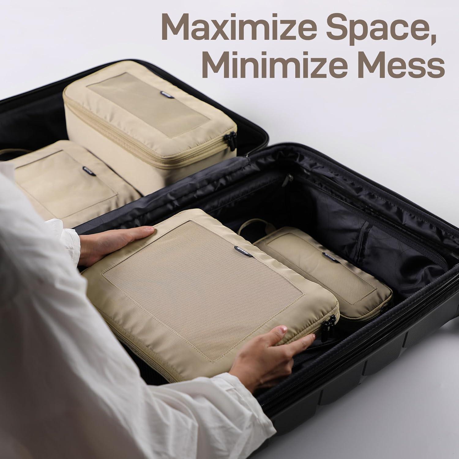 imageEPICKA TripCozy Compression Packing Cubes  4 Set Durable Travel Organizer Bags with Mesh Top Expandable Travel Accessories for Carry on Luggage Suitcase Backpack BeigeKhaki