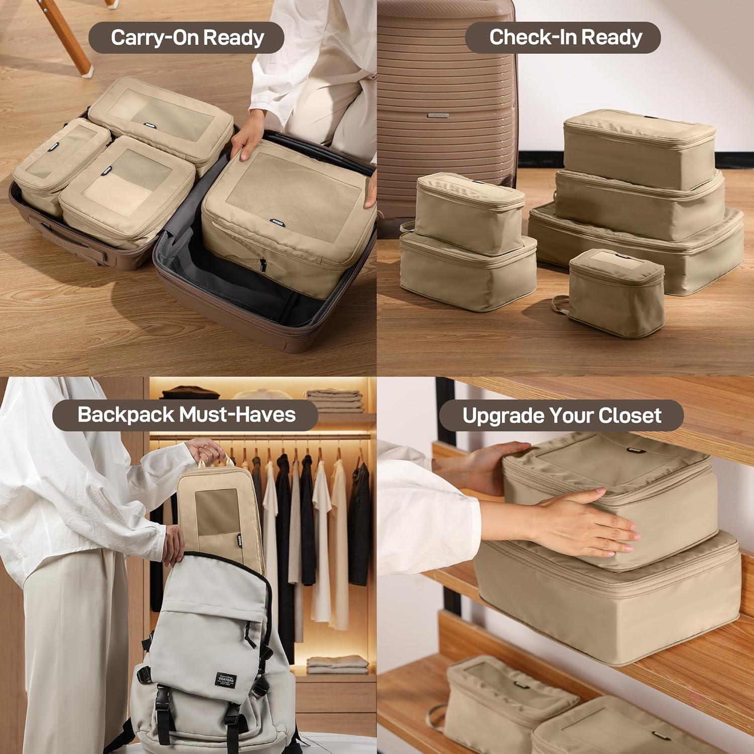 imageEPICKA TripCozy Compression Packing Cubes  4 Set Durable Travel Organizer Bags with Mesh Top Expandable Travel Accessories for Carry on Luggage Suitcase Backpack BeigeKhaki
