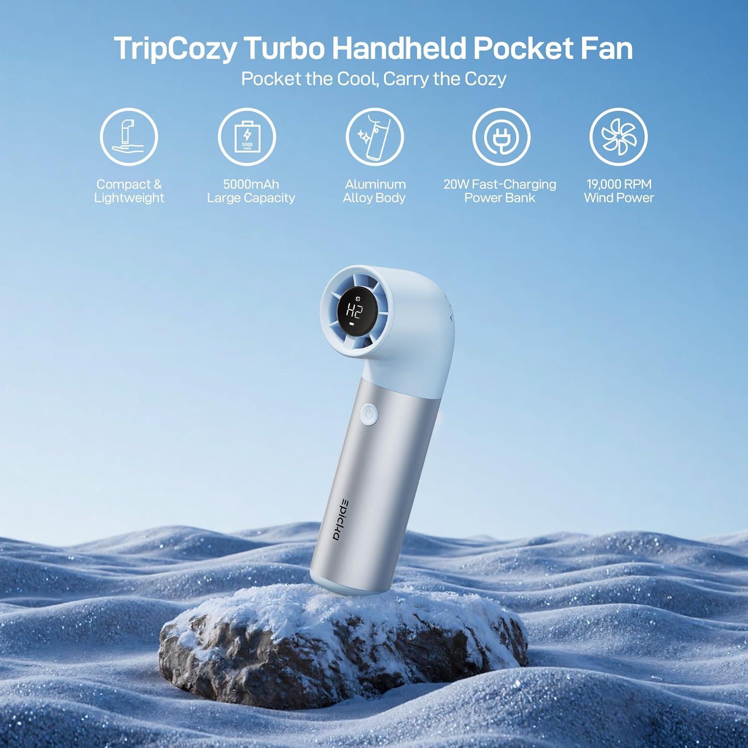 imageEPICKA TripCozy Portable Handheld Mini Fan up to 21 Hours Rechargeable Personal Fan with 5000mAh Power Bank 19000 RPM Turbo 6 Speeds Aluminum Body for Summer Travel Essentials Camping WhiteBlue