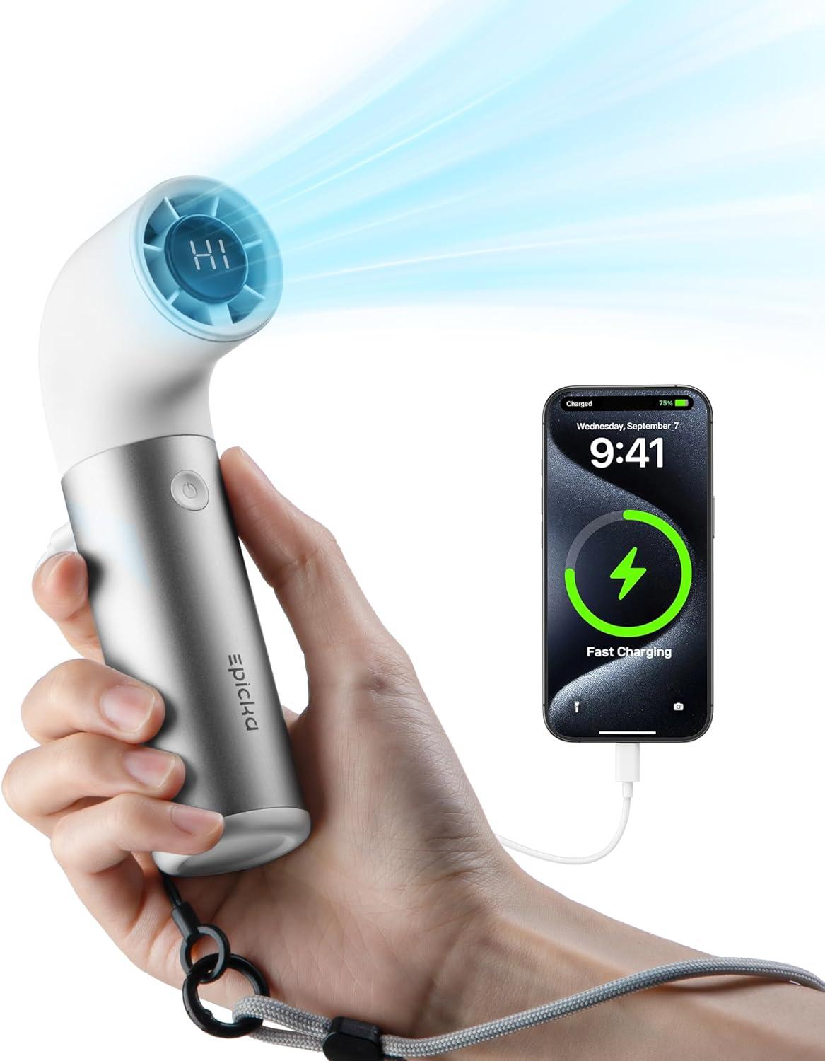imageEPICKA TripCozy Portable Handheld Mini Fan up to 21 Hours Rechargeable Personal Fan with 5000mAh Power Bank 19000 RPM Turbo 6 Speeds Aluminum Body for Summer Travel Essentials Camping WhiteWhite