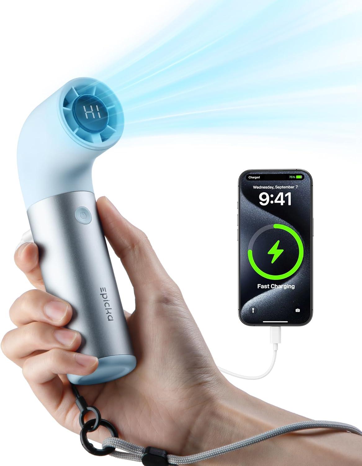 imageEPICKA TripCozy Portable Handheld Mini Fan up to 21 Hours Rechargeable Personal Fan with 5000mAh Power Bank 19000 RPM Turbo 6 Speeds Aluminum Body for Summer Travel Essentials Camping WhiteBlue