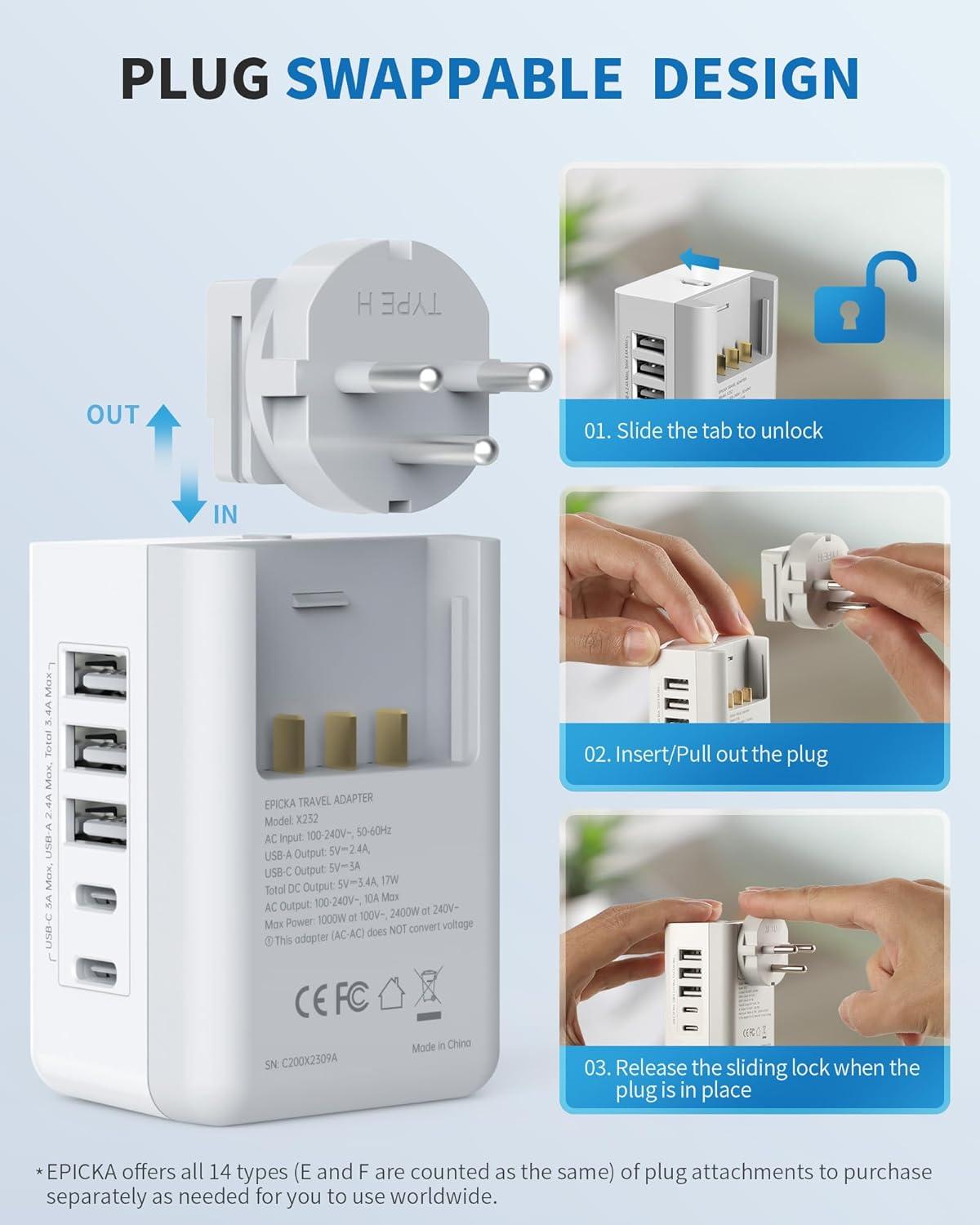 imageEPICKA US to Italy Travel Adapter Universal Plug Adapter with 2 US Outlets 3 USBA ampamp 2 USBC Ports Ultra Compact SwapampampAdapt Type L Plug Attachment Grounded Adapter for Chile Cuba ampamp Syria X232LType HIsrael