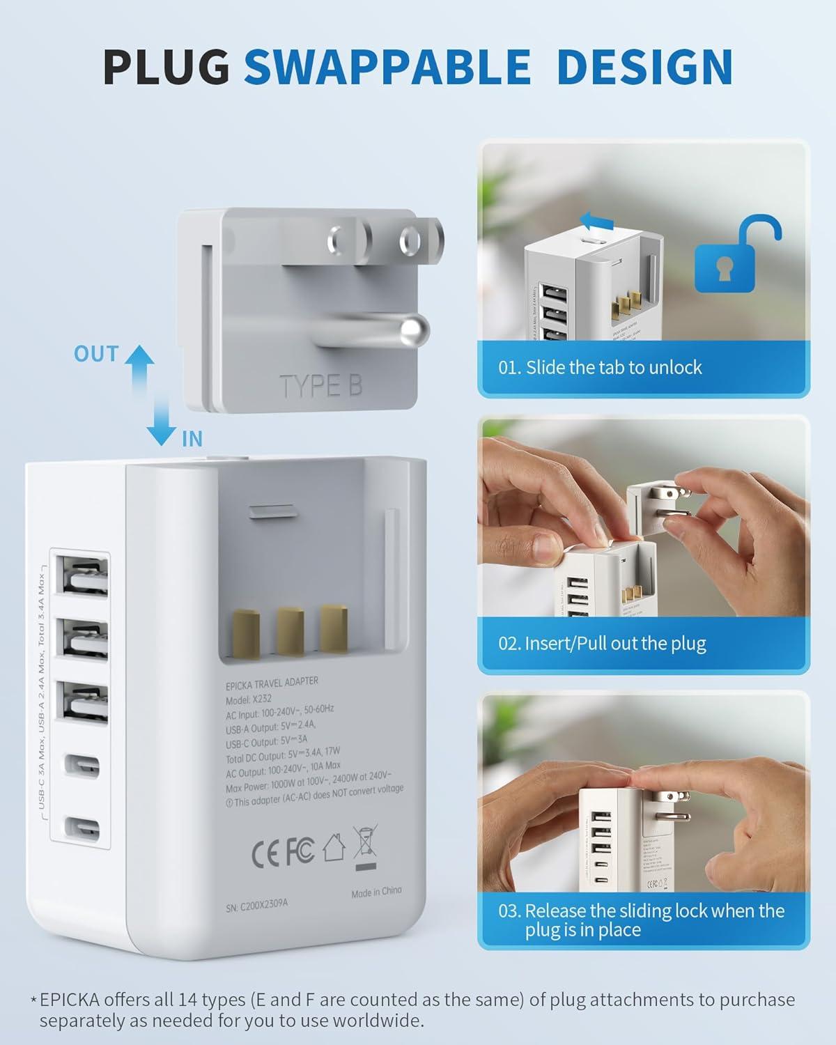 imageEPICKA US to Italy Travel Adapter Universal Plug Adapter with 2 US Outlets 3 USBA ampamp 2 USBC Ports Ultra Compact SwapampampAdapt Type L Plug Attachment Grounded Adapter for Chile Cuba ampamp Syria X232LType BUS