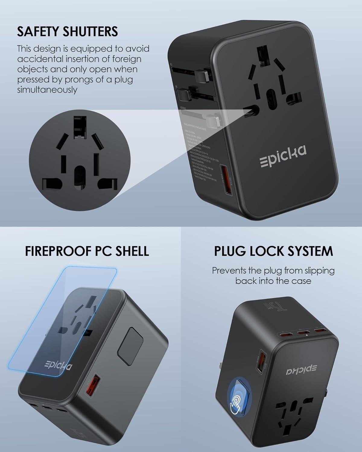 imageEPICKA Universal Travel Adapter GaN 75W International Plug Adapter with 3 USBC PD Fast Charging ampamp 2 USBA Quick Charging Adaptor Allinone Wall Charger for USA EU UK AUS TA105 Max Black