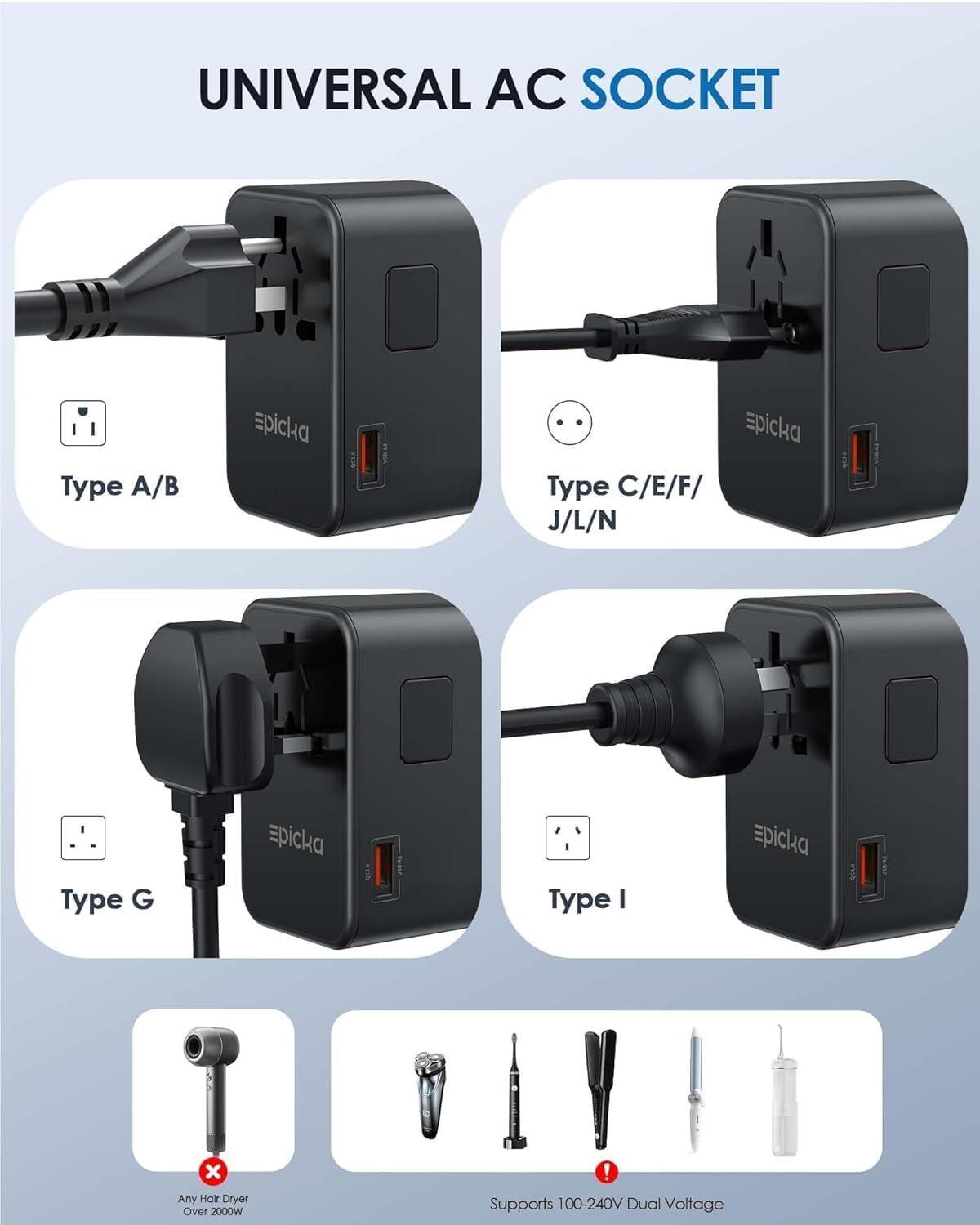 imageEPICKA Universal Travel Adapter GaN 75W International Plug Adapter with 3 USBC PD Fast Charging ampamp 2 USBA Quick Charging Adaptor Allinone Wall Charger for USA EU UK AUS TA105 Max Black