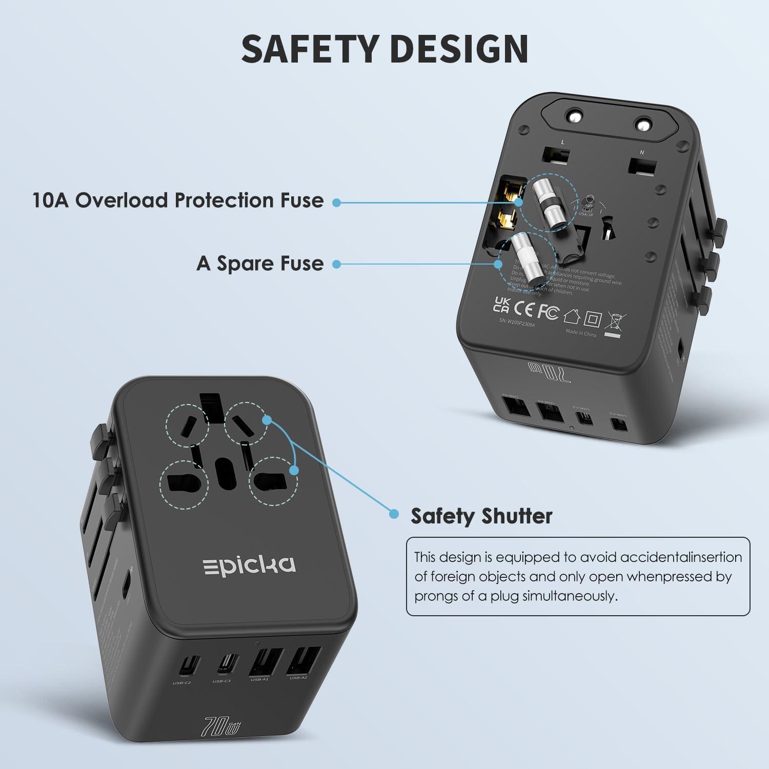imageEPICKA Universal Travel Adapter GaN International Plug Adapter with 3 USBC 70W PD Fast Charging ampamp 2 USBA Adaptor Allinone Wall Charger for USA EU UK AUS TA105 Pro BlackBlack