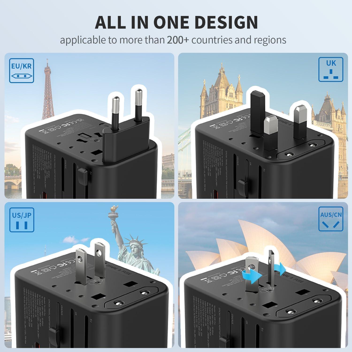 imageEPICKA Universal Travel Adapter GaN International Plug Adapter with 3 USBC 70W PD Fast Charging ampamp 2 USBA Adaptor Allinone Wall Charger for USA EU UK AUS TA105 Pro BlackBlack