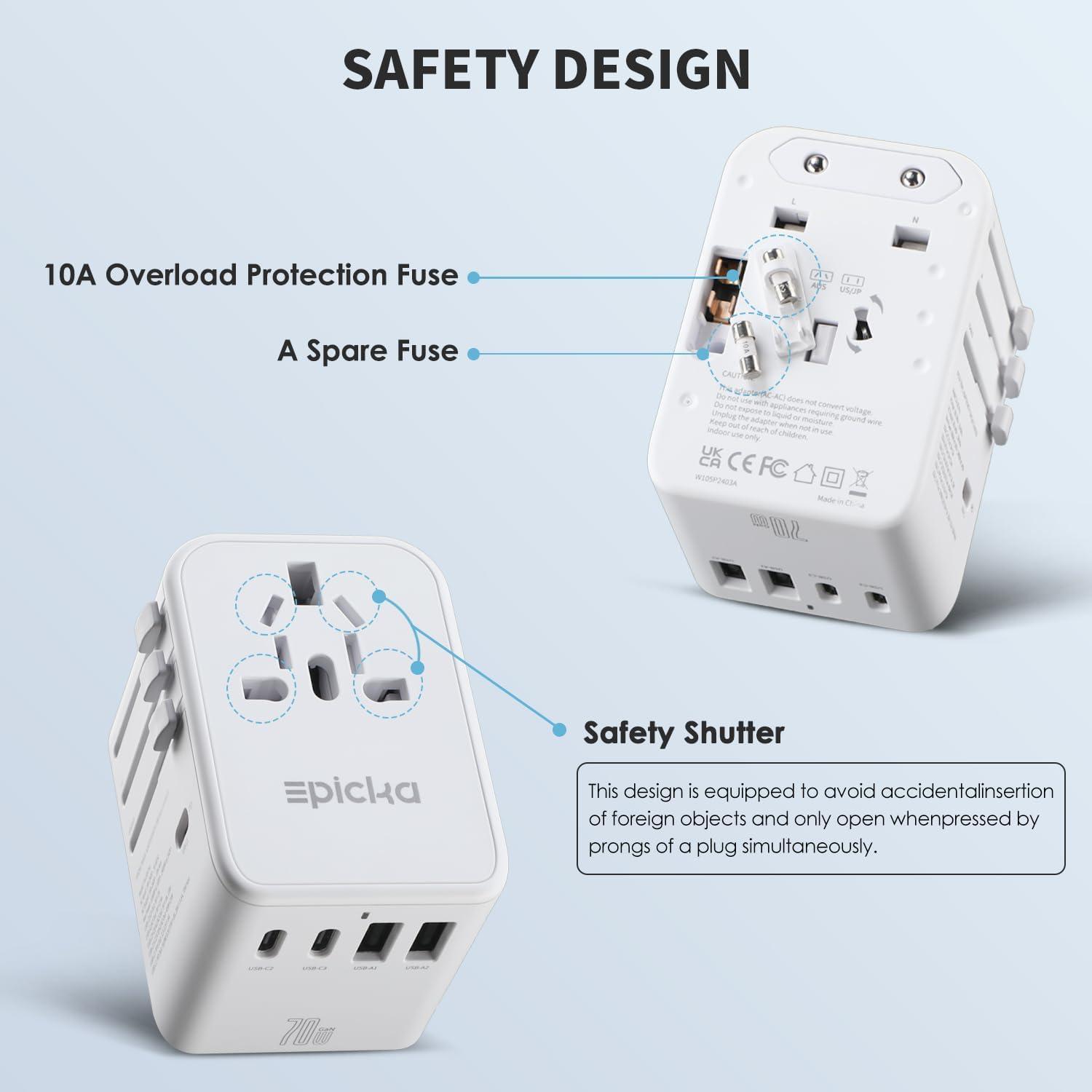 imageEPICKA Universal Travel Adapter GaN International Plug Adapter with 3 USBC 70W PD Fast Charging ampamp 2 USBA Adaptor Allinone Wall Charger for USA EU UK AUS TA105 Pro BlackWhite