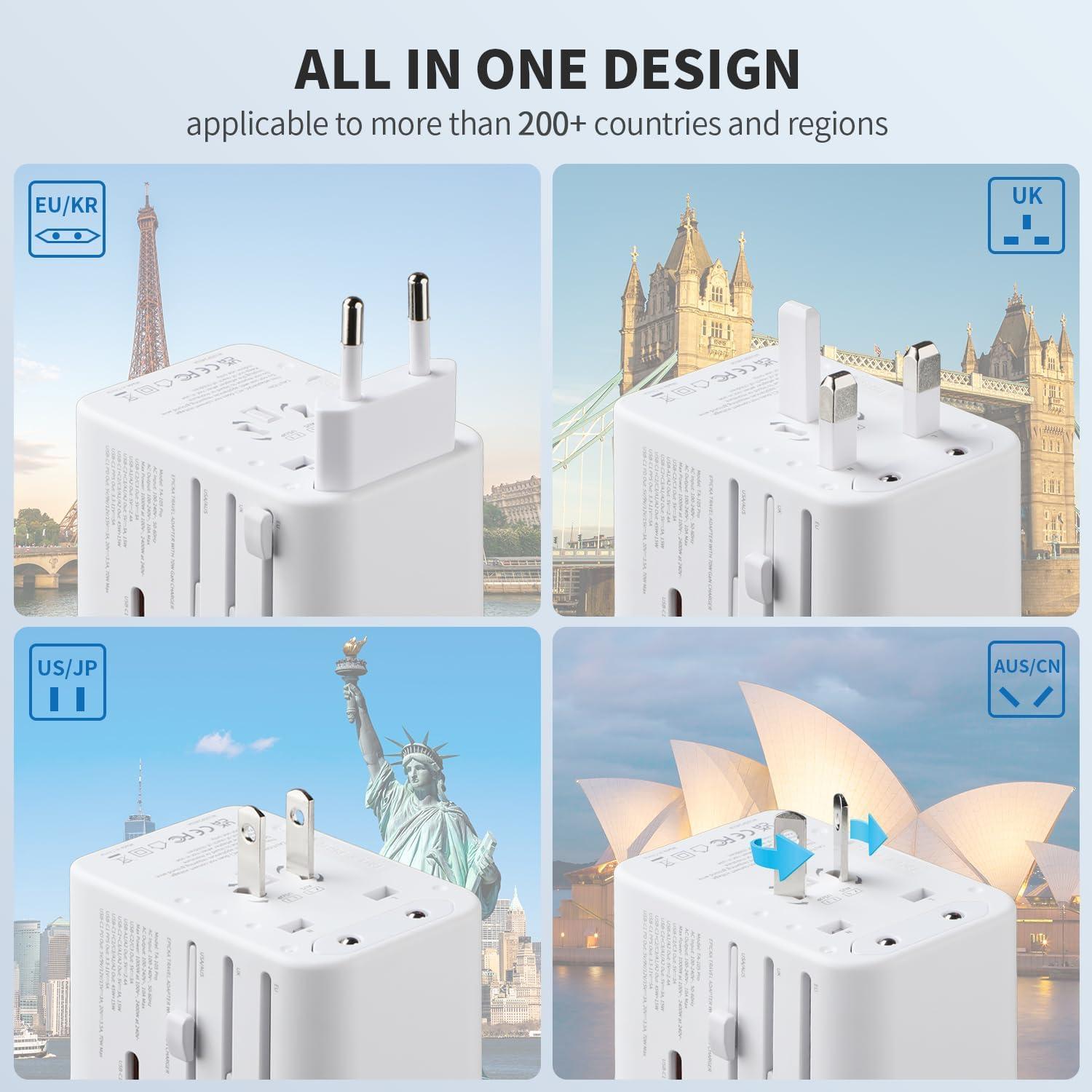 imageEPICKA Universal Travel Adapter GaN International Plug Adapter with 3 USBC 70W PD Fast Charging ampamp 2 USBA Adaptor Allinone Wall Charger for USA EU UK AUS TA105 Pro BlackWhite