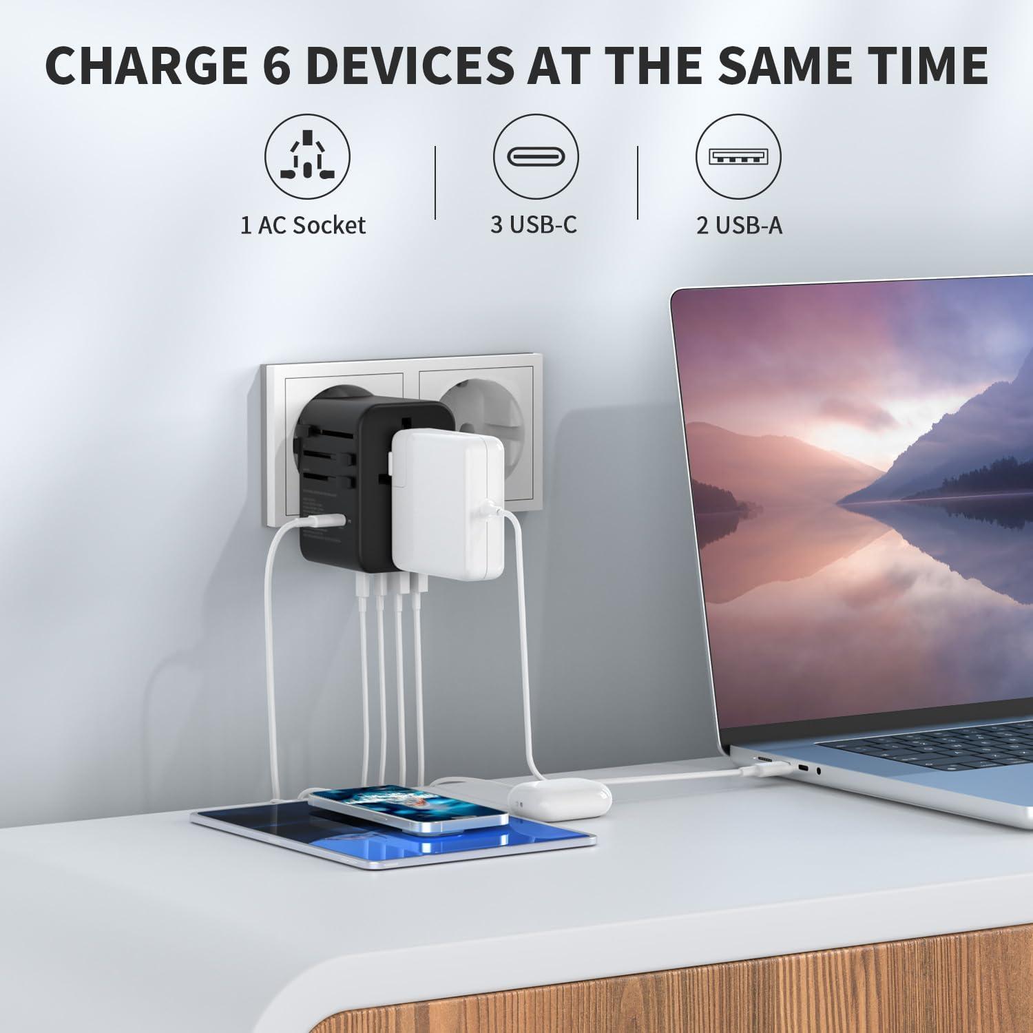 imageEPICKA Universal Travel Adapter GaN International Plug Adapter with 3 USBC 70W PD Fast Charging ampamp 2 USBA Adaptor Allinone Wall Charger for USA EU UK AUS TA105 Pro BlackBlack