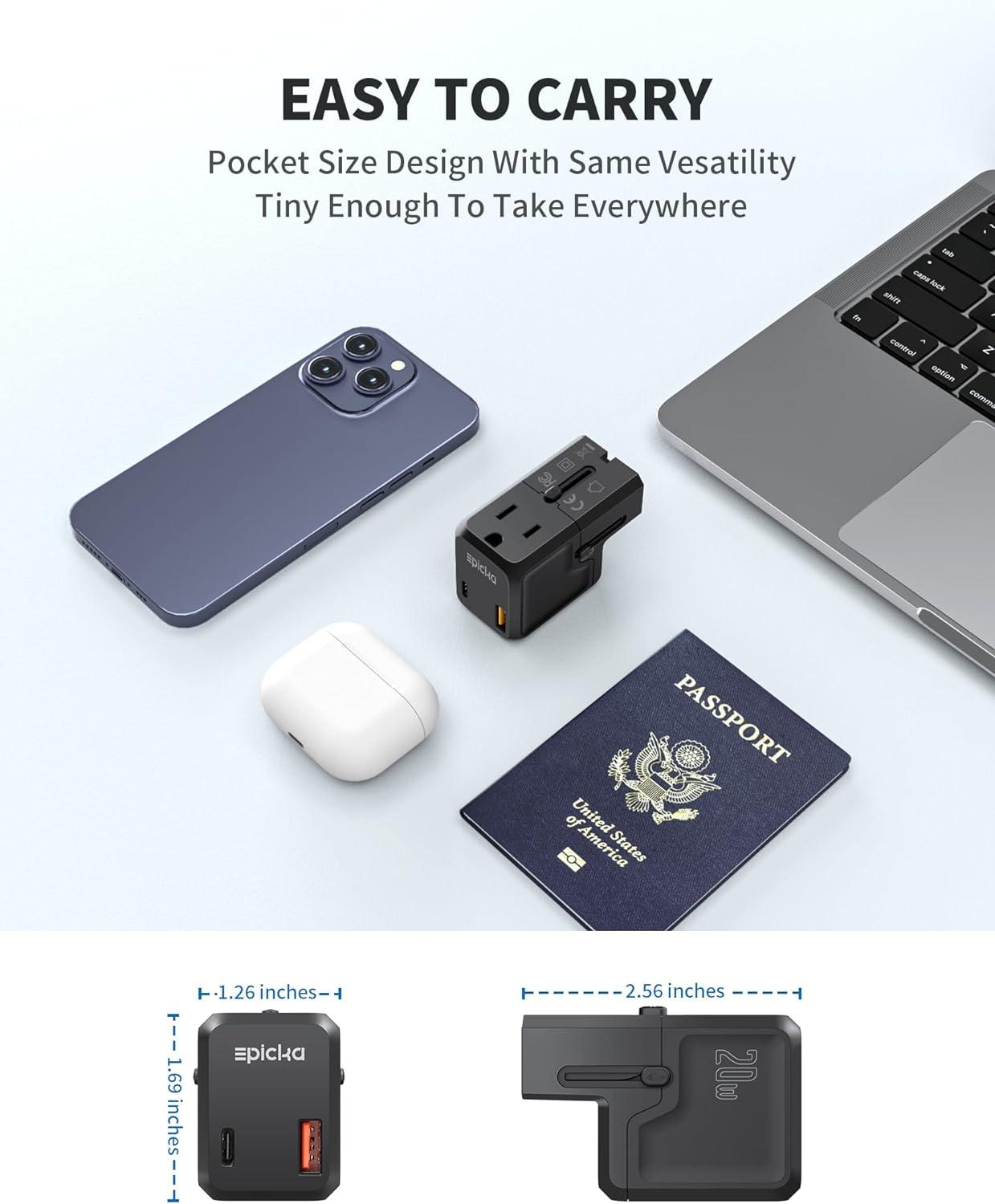 imageEPICKA Universal Travel Adapter International Plug Adapter Wall Charger with 20W USBC PD ampamp USBA QC AllinOne Pocket Size Adapter for USA EU UK AUS Pocket 111 Black
