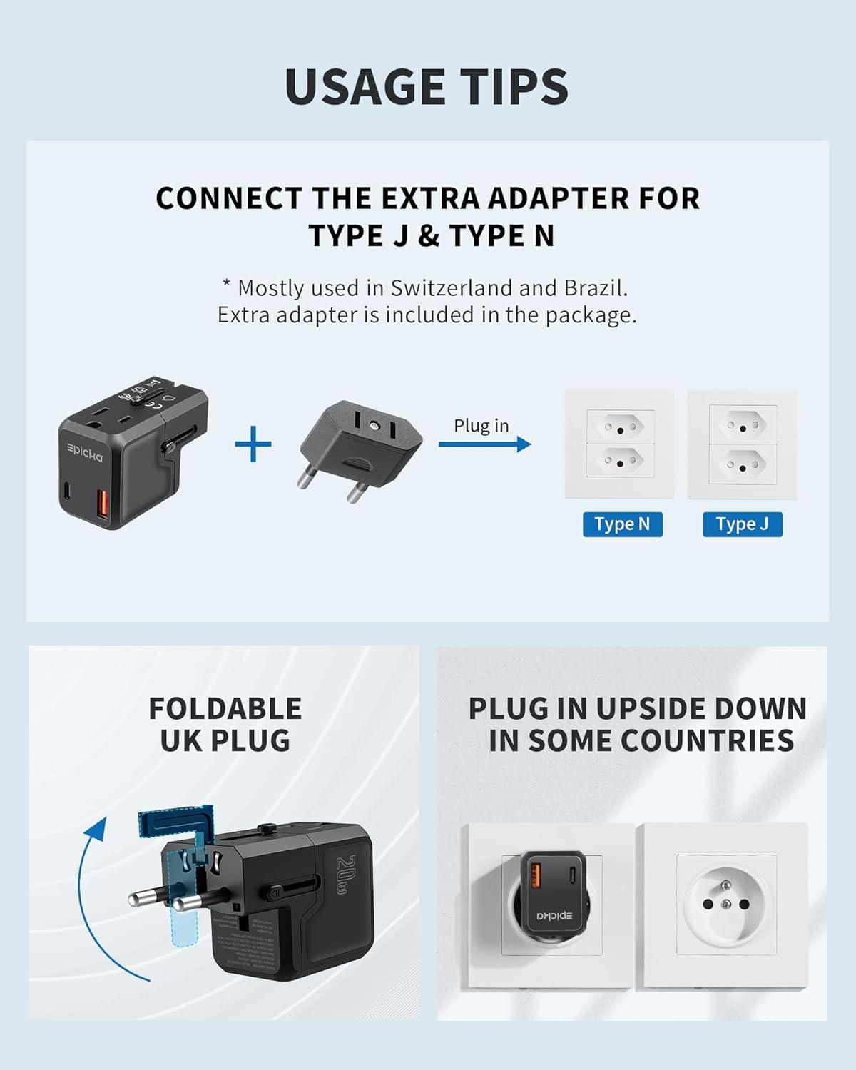 imageEPICKA Universal Travel Adapter International Plug Adapter Wall Charger with 20W USBC PD ampamp USBA QC AllinOne Pocket Size Adapter for USA EU UK AUS Pocket 111 Black