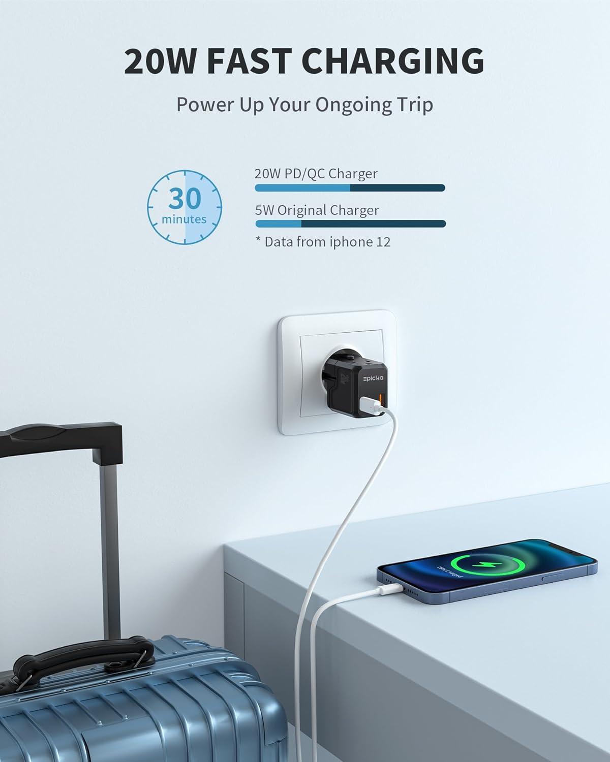 imageEPICKA Universal Travel Adapter International Plug Adapter Wall Charger with 20W USBC PD ampamp USBA QC AllinOne Pocket Size Adapter for USA EU UK AUS Pocket 111 Black