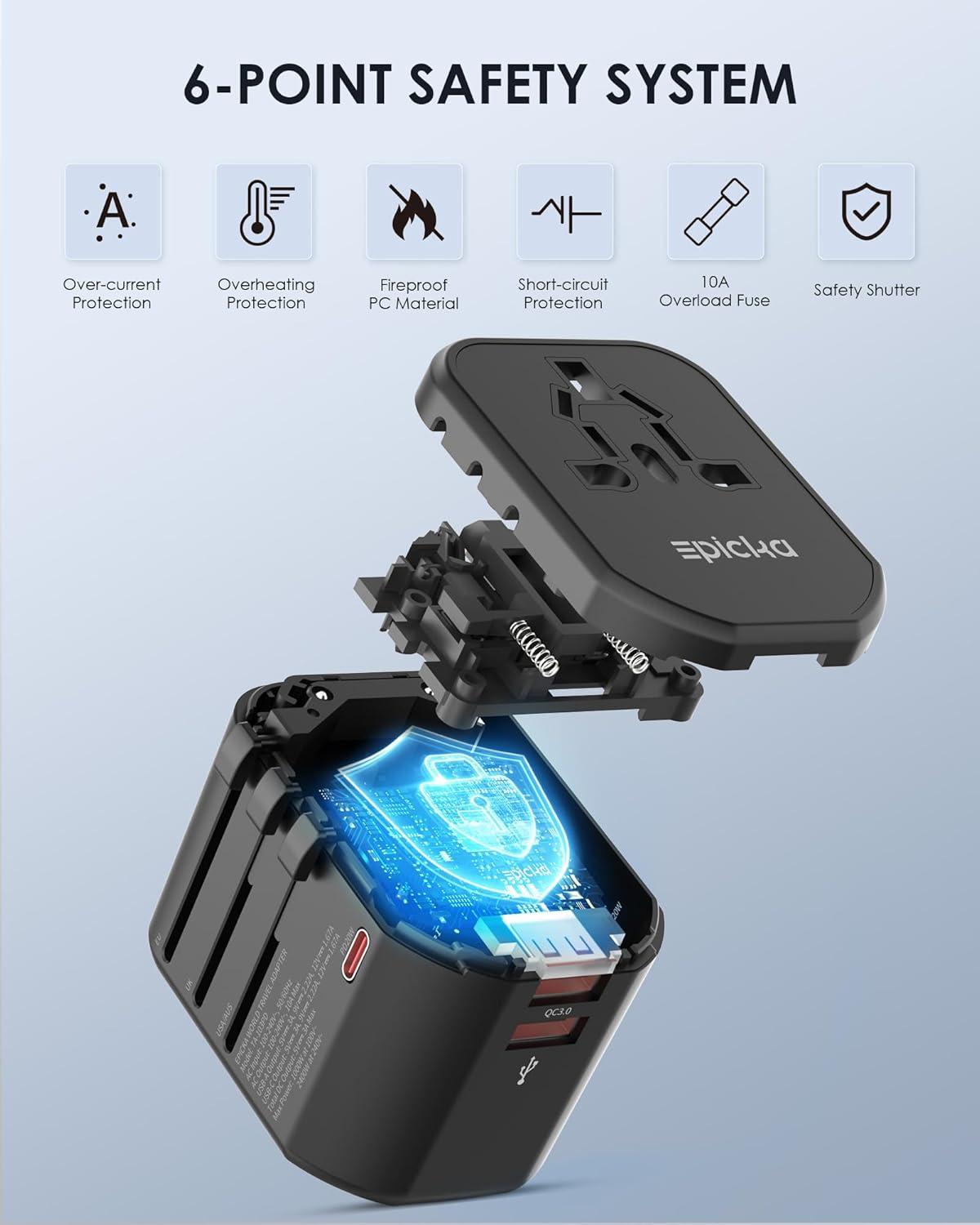 imageEPICKA Universal Travel Adapter International Plug Adapter with 2 USBA ampamp 1 USBC Ports Travel Power Adapter Worldwide AllinOne Wall Charger for USA EU UK AUS TA103PD Black