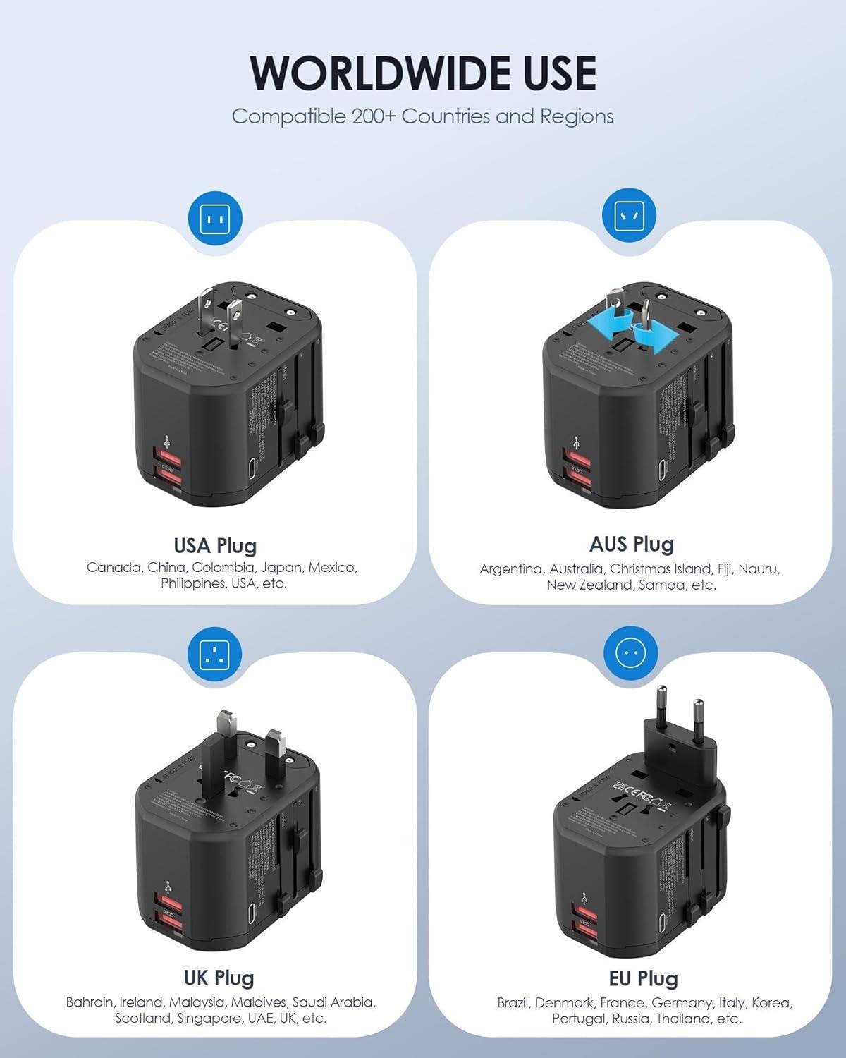 imageEPICKA Universal Travel Adapter International Plug Adapter with 2 USBA ampamp 1 USBC Ports Travel Power Adapter Worldwide AllinOne Wall Charger for USA EU UK AUS TA103PD Black