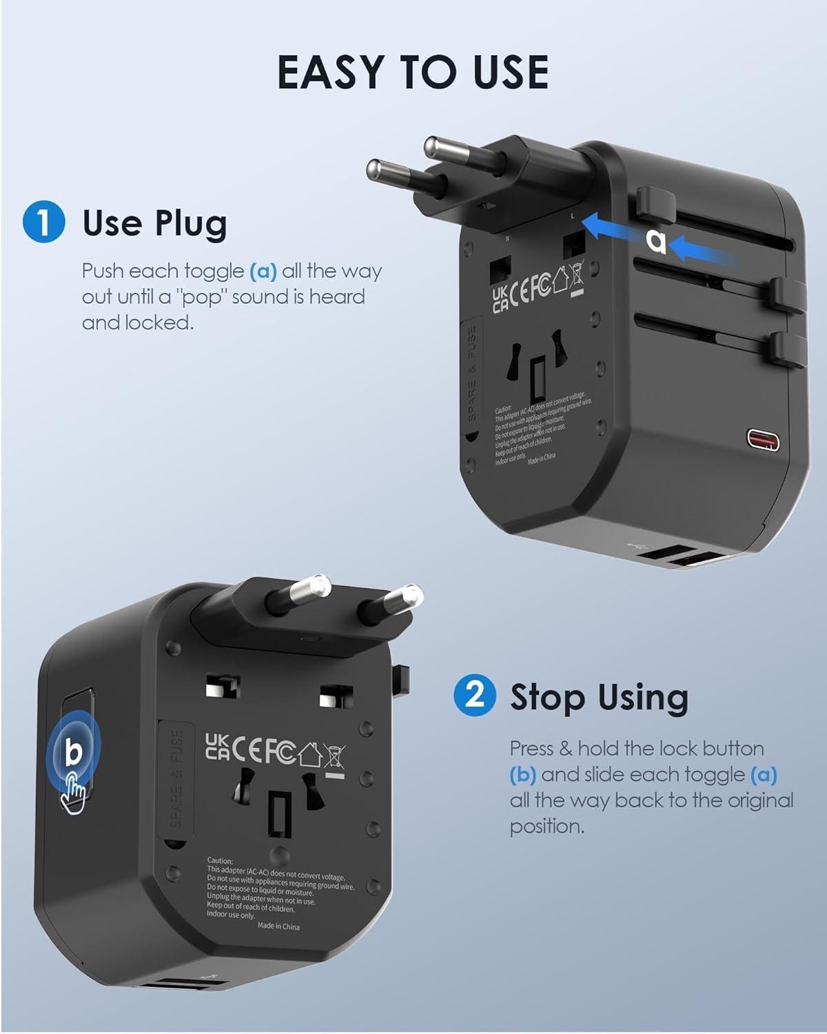 imageEPICKA Universal Travel Adapter International Plug Adapter with 2 USBA ampamp 1 USBC Ports Travel Power Adapter Worldwide AllinOne Wall Charger for USA EU UK AUS TA103PD Black