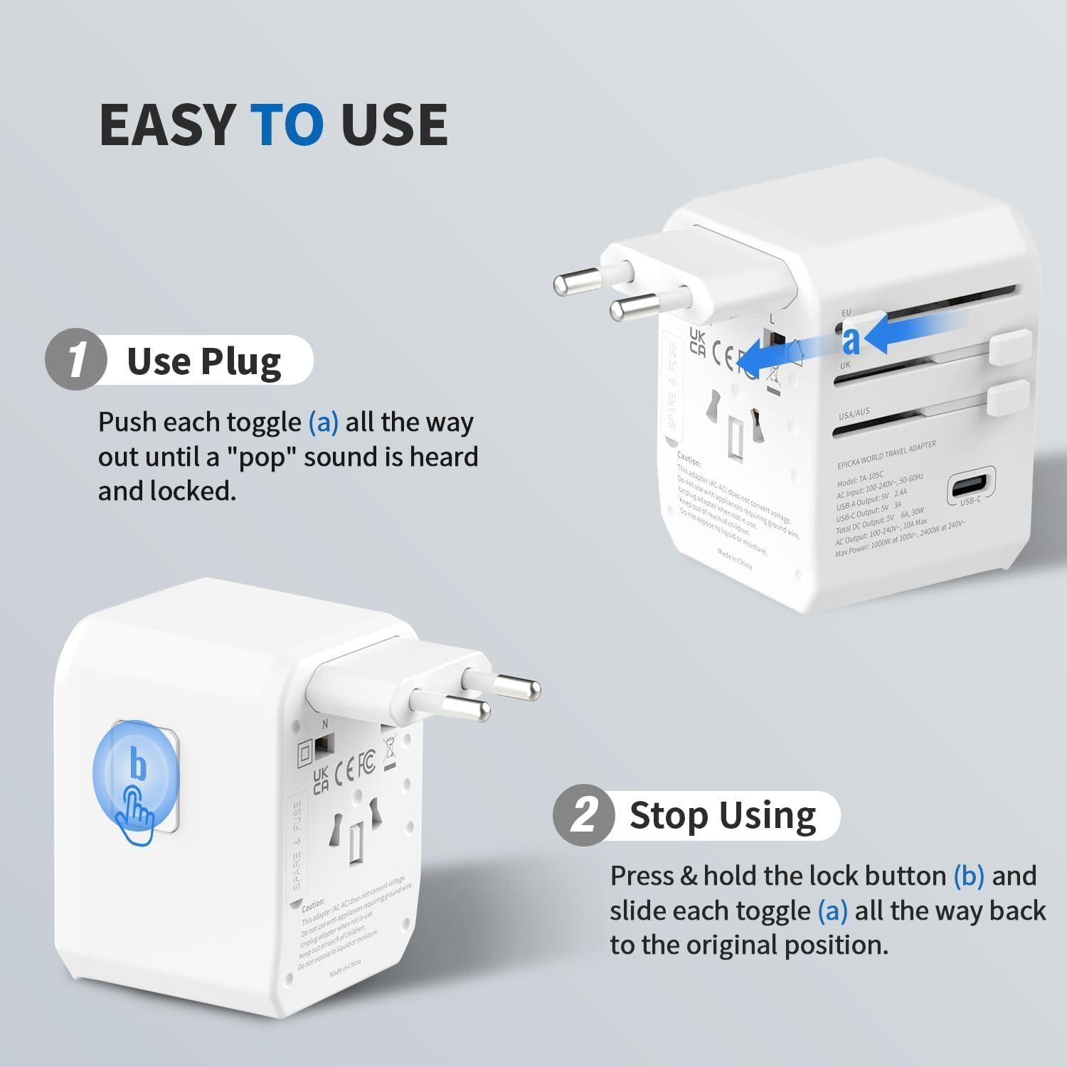 imageEPICKA Universal Travel Adapter International Power Adapter with 2 USBA ampamp 3 USBC Ports Wall Charger  Worldwide Travel Essentials European Travel Plug Adapter for UKUSAU TA105C Black5USB3 USBC30W White