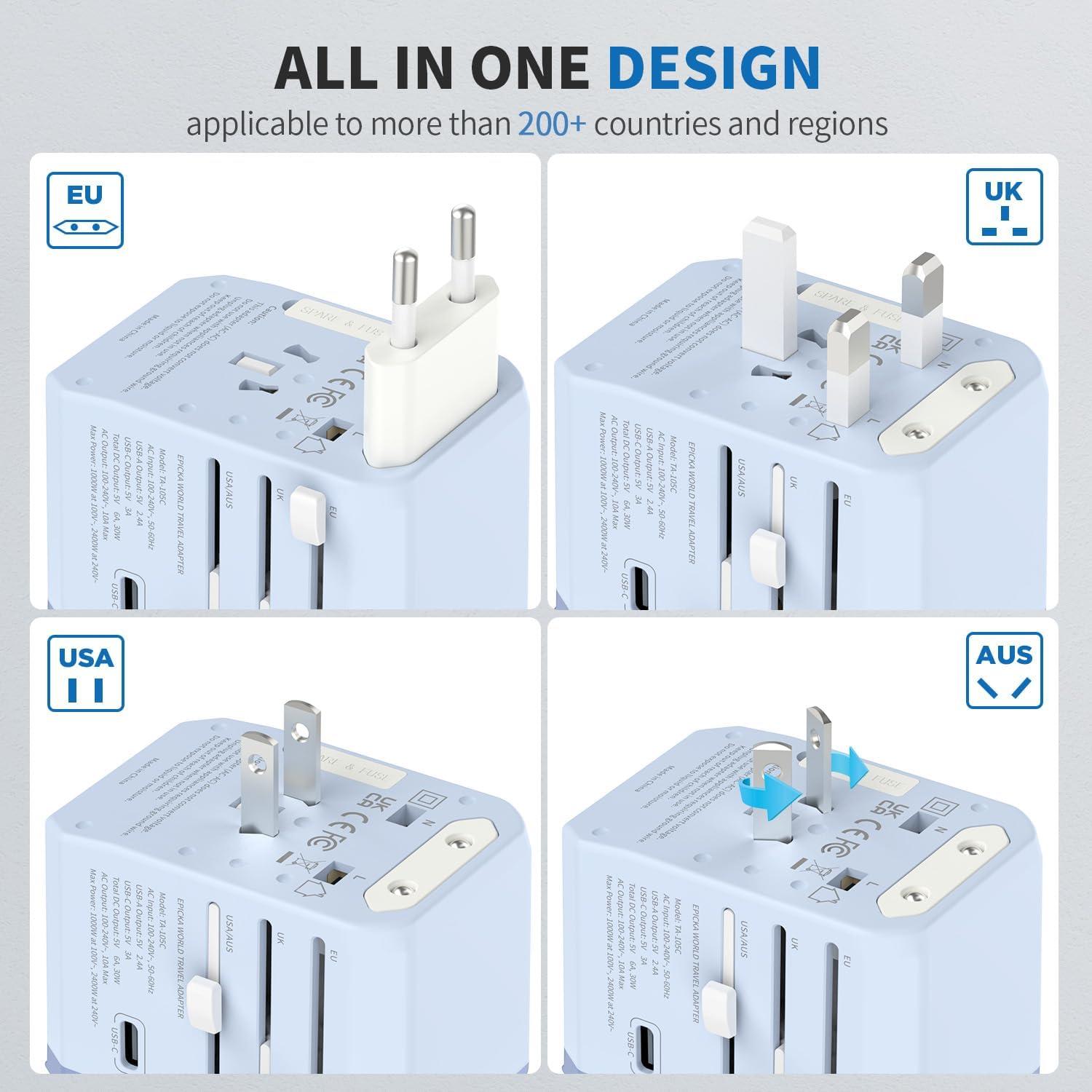 imageEPICKA Universal Travel Adapter International Power Adapter with 2 USBA ampamp 3 USBC Ports Wall Charger  Worldwide Travel Essentials European Travel Plug Adapter for UKUSAU TA105C Black5USB3 USBC30W Blue