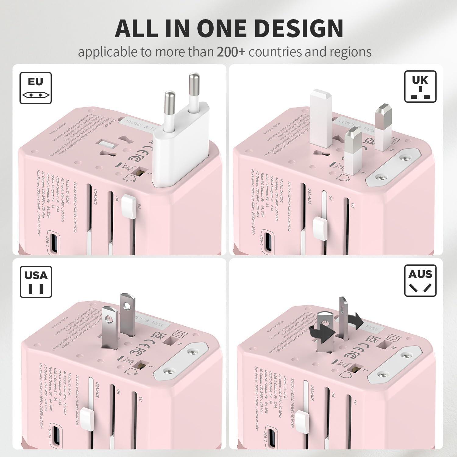 imageEPICKA Universal Travel Adapter International Power Adapter with 2 USBA ampamp 3 USBC Ports Wall Charger  Worldwide Travel Essentials European Travel Plug Adapter for UKUSAU TA105C Black5USB3 USBC30W Pink