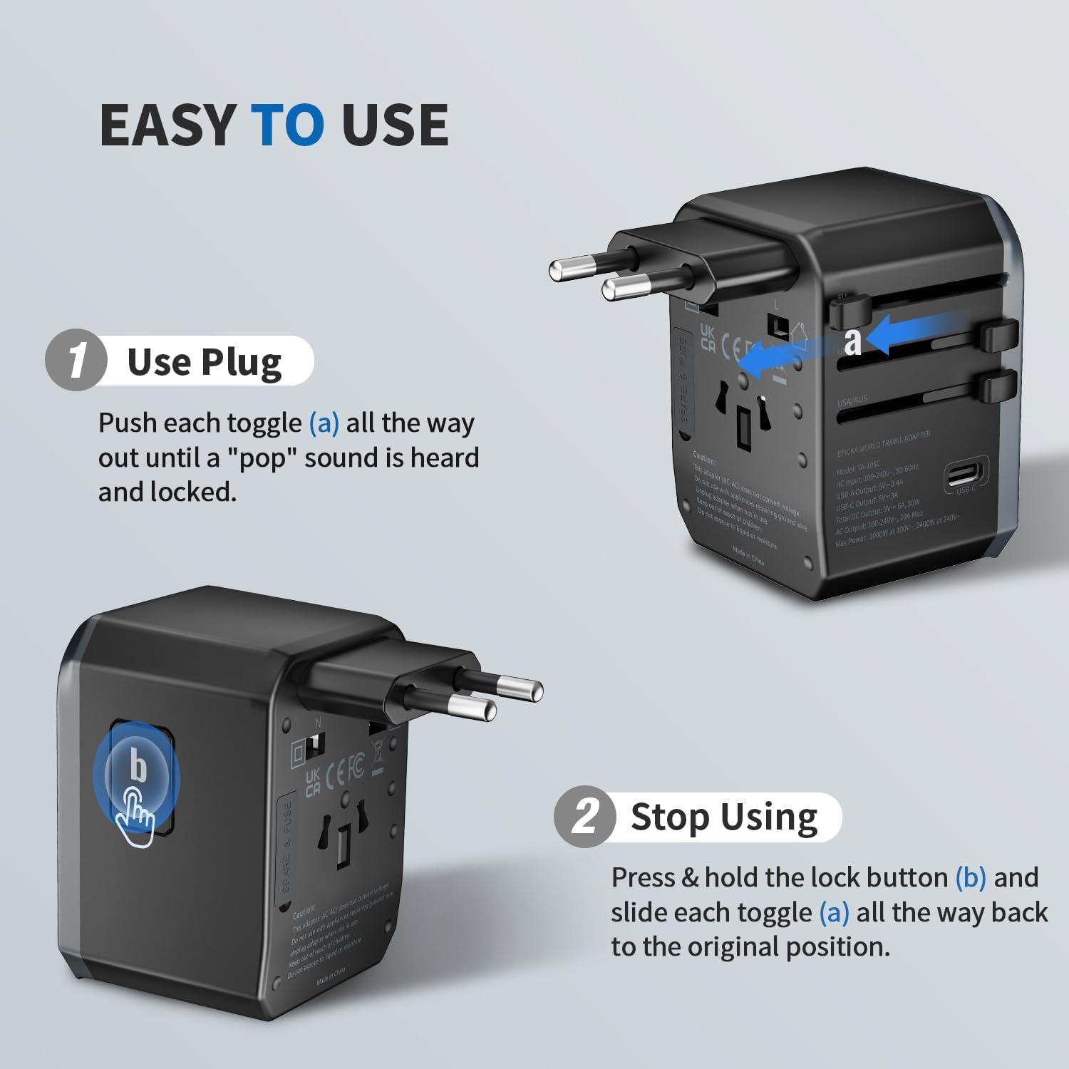 imageEPICKA Universal Travel Adapter International Power Adapter with 2 USBA ampamp 3 USBC Ports Wall Charger  Worldwide Travel Essentials European Travel Plug Adapter for UKUSAU TA105C Black5USB3 USBC30W Black