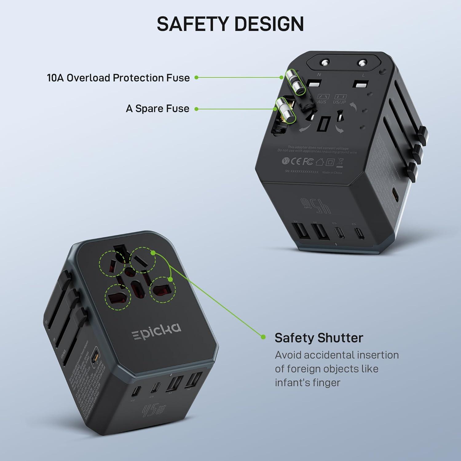 imageEPICKA Universal Travel Adapter International Power Adapter with 2 USBA ampamp 3 USBC Ports Wall Charger  Worldwide Travel Essentials European Travel Plug Adapter for UKUSAU TA105C Black5USB3 USBC45W Black