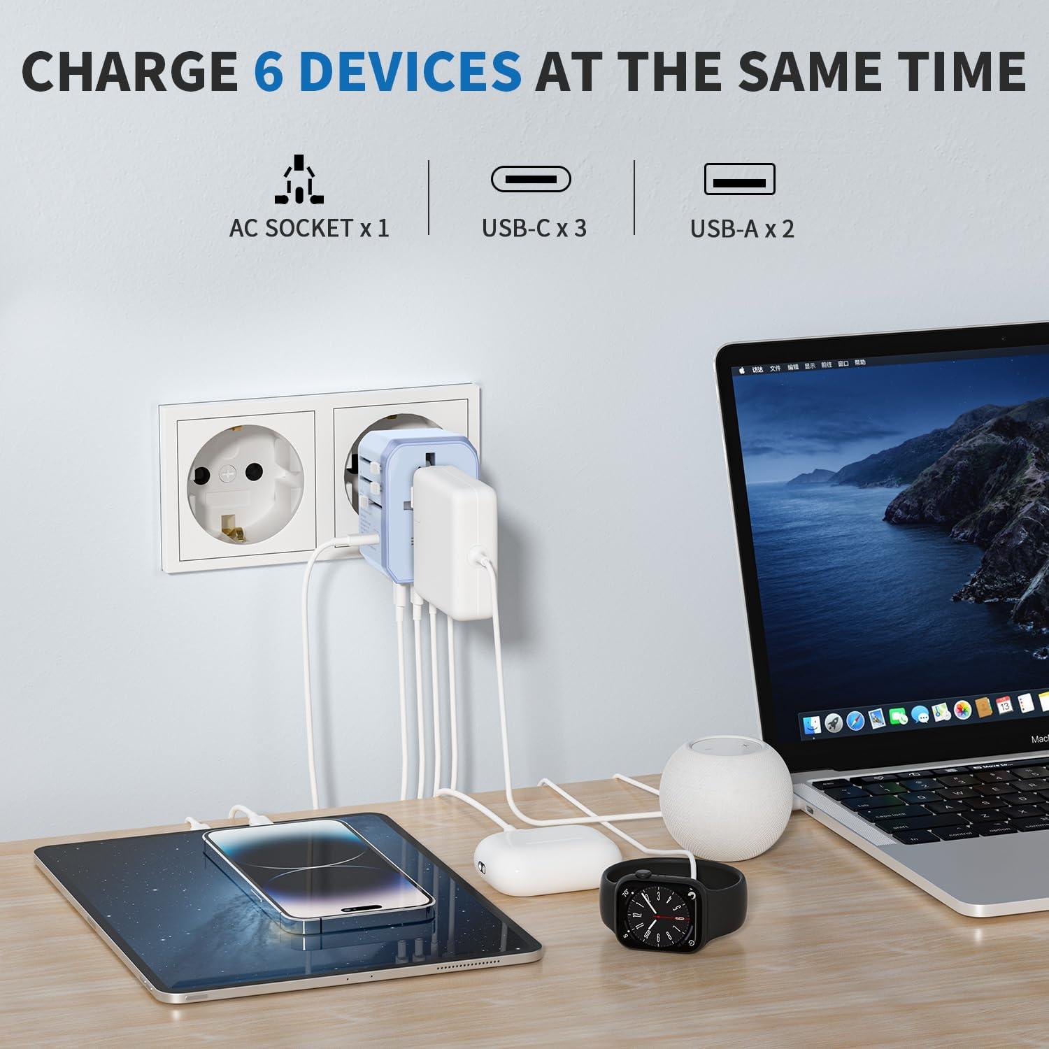 imageEPICKA Universal Travel Adapter International Power Adapter with 2 USBA ampamp 3 USBC Ports Wall Charger  Worldwide Travel Essentials European Travel Plug Adapter for UKUSAU TA105C Black5USB3 USBC30W Blue