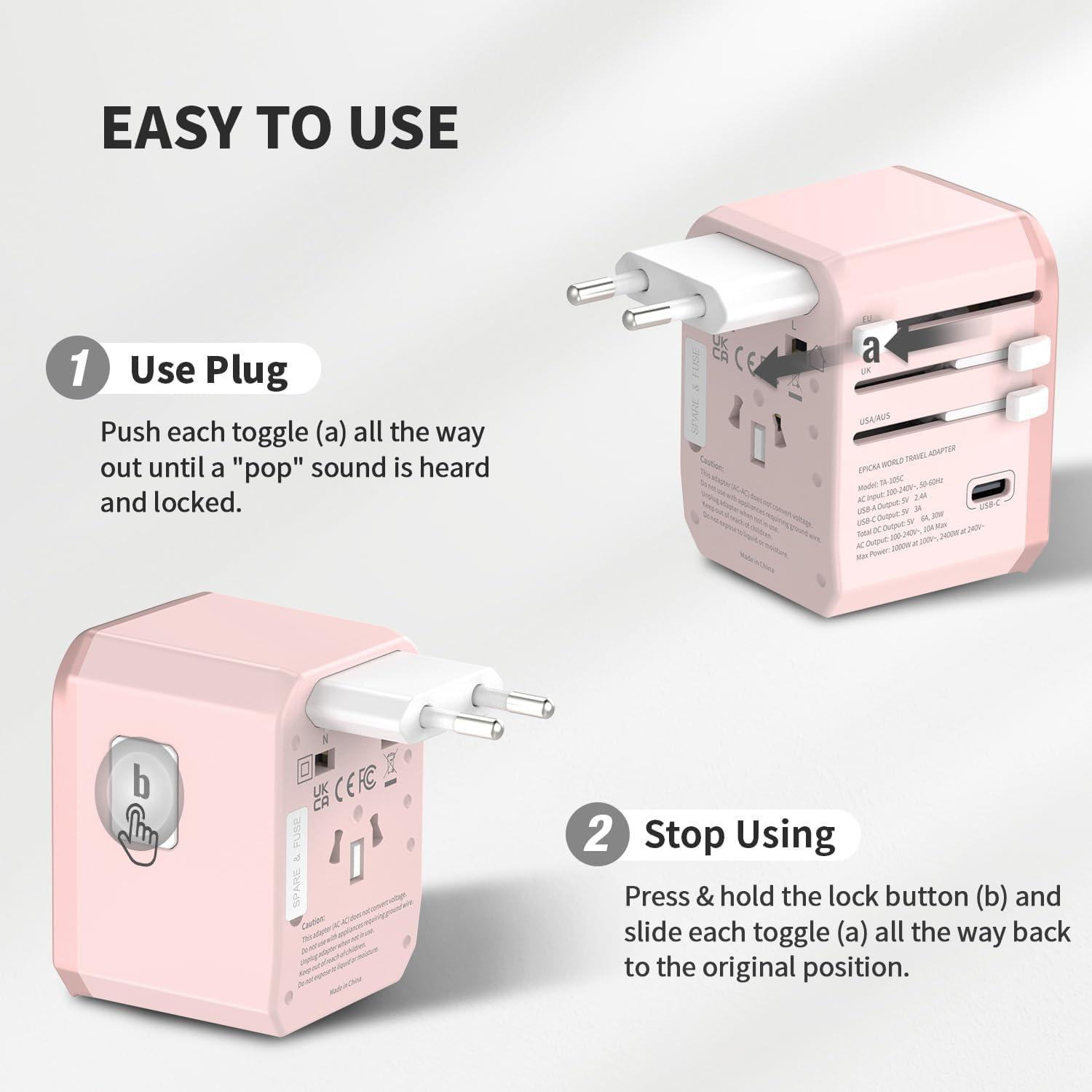 imageEPICKA Universal Travel Adapter International Power Adapter with 2 USBA ampamp 3 USBC Ports Wall Charger  Worldwide Travel Essentials European Travel Plug Adapter for UKUSAU TA105C Black5USB3 USBC30W Pink