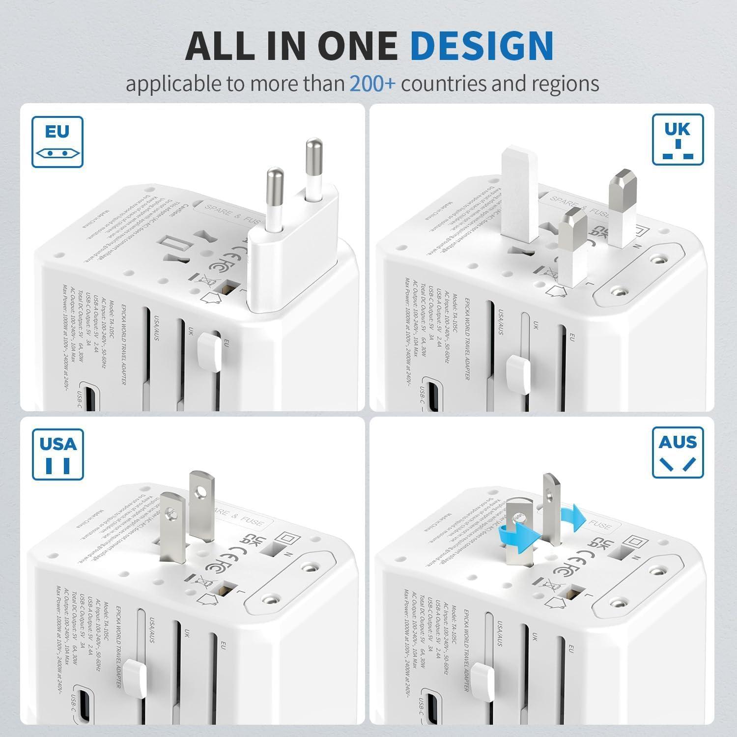 imageEPICKA Universal Travel Adapter International Power Adapter with 2 USBA ampamp 3 USBC Ports Wall Charger  Worldwide Travel Essentials European Travel Plug Adapter for UKUSAU TA105C Black5USB3 USBC30W White