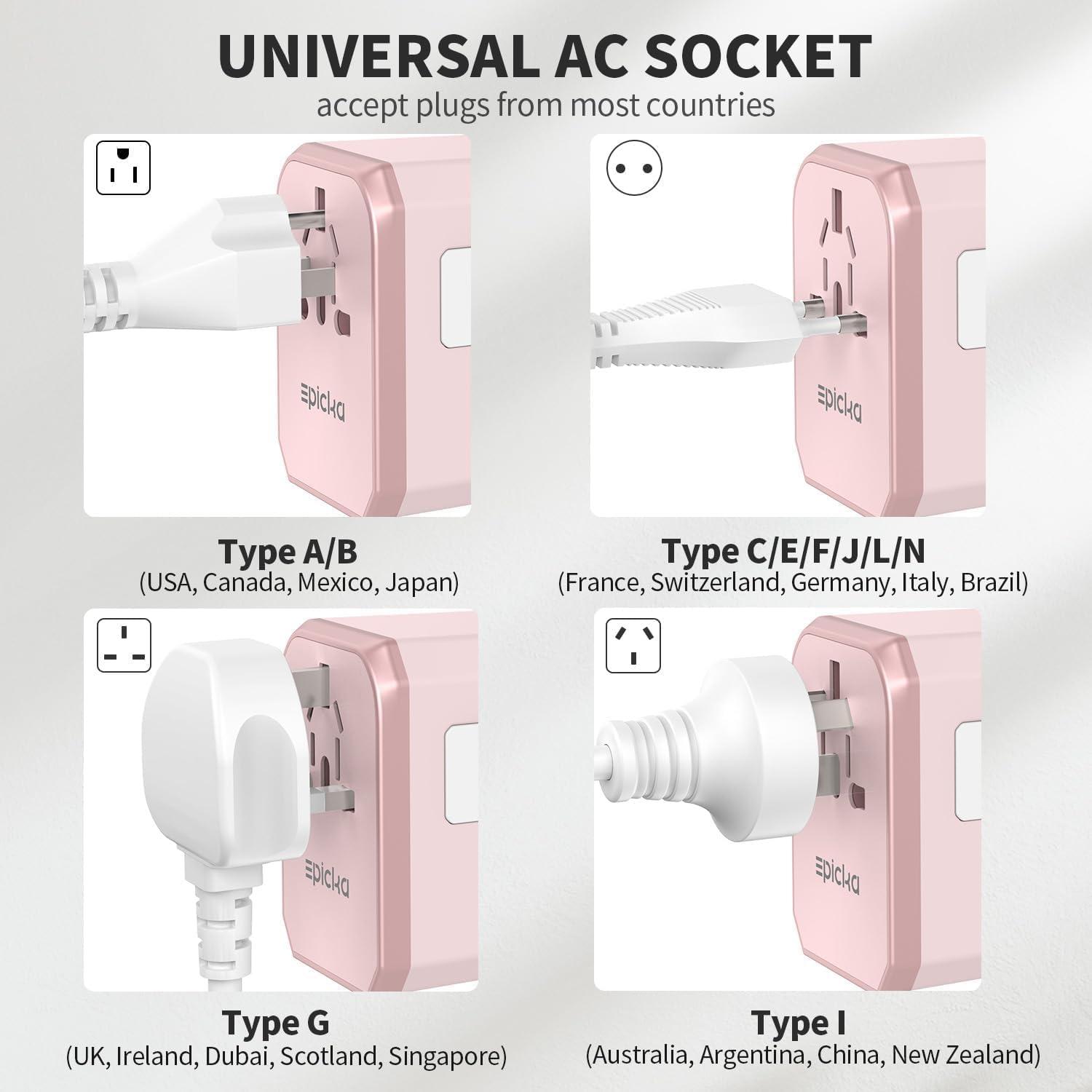 imageEPICKA Universal Travel Adapter International Power Adapter with 2 USBA ampamp 3 USBC Ports Wall Charger  Worldwide Travel Essentials European Travel Plug Adapter for UKUSAU TA105C Black5USB3 USBC30W Pink