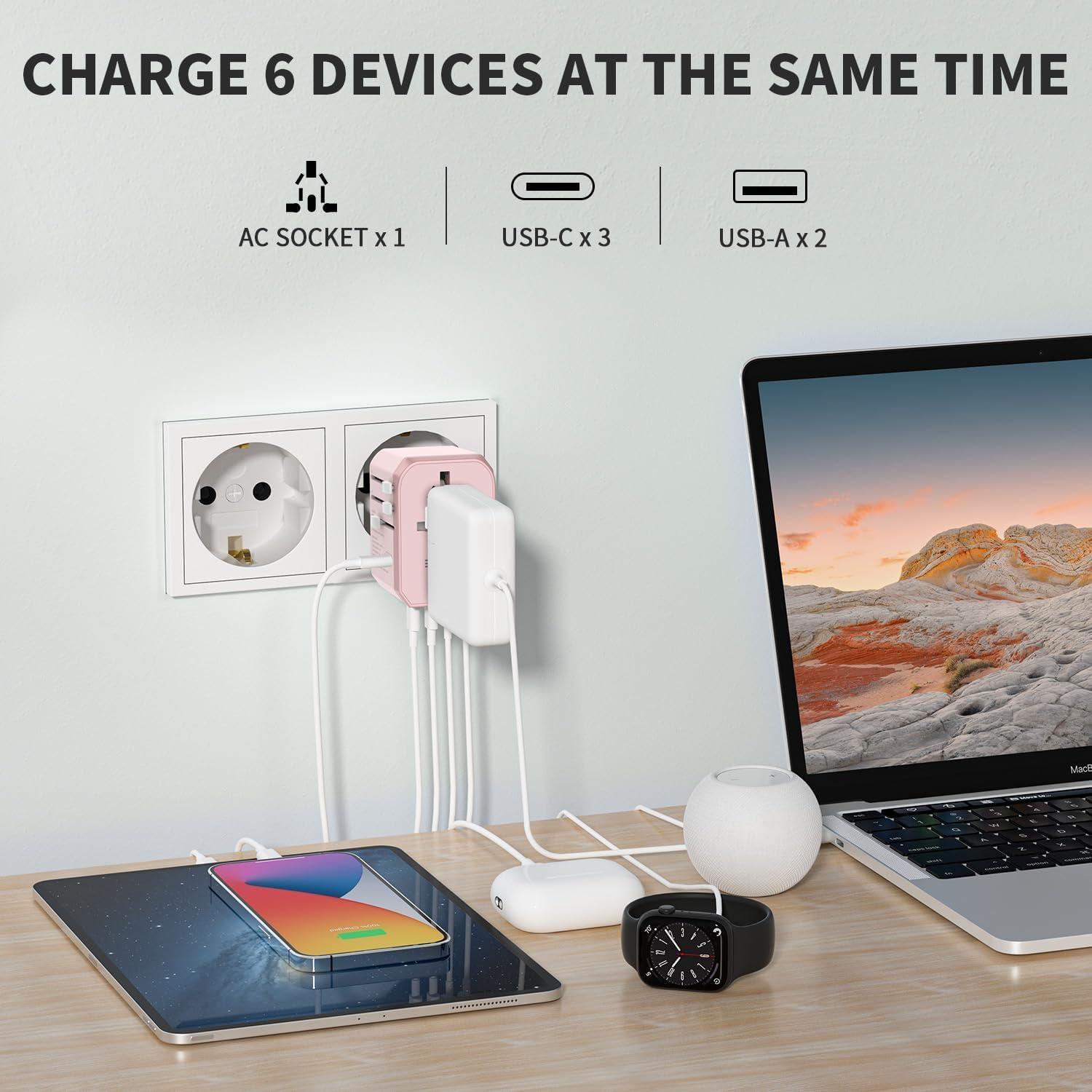 imageEPICKA Universal Travel Adapter International Power Adapter with 2 USBA ampamp 3 USBC Ports Wall Charger  Worldwide Travel Essentials European Travel Plug Adapter for UKUSAU TA105C Black5USB3 USBC30W Pink