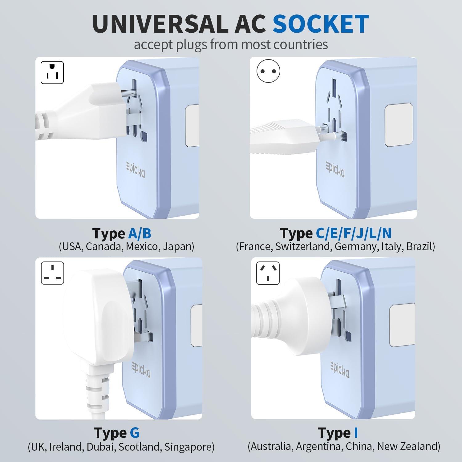 imageEPICKA Universal Travel Adapter International Power Adapter with 2 USBA ampamp 3 USBC Ports Wall Charger  Worldwide Travel Essentials European Travel Plug Adapter for UKUSAU TA105C Black5USB3 USBC30W Blue