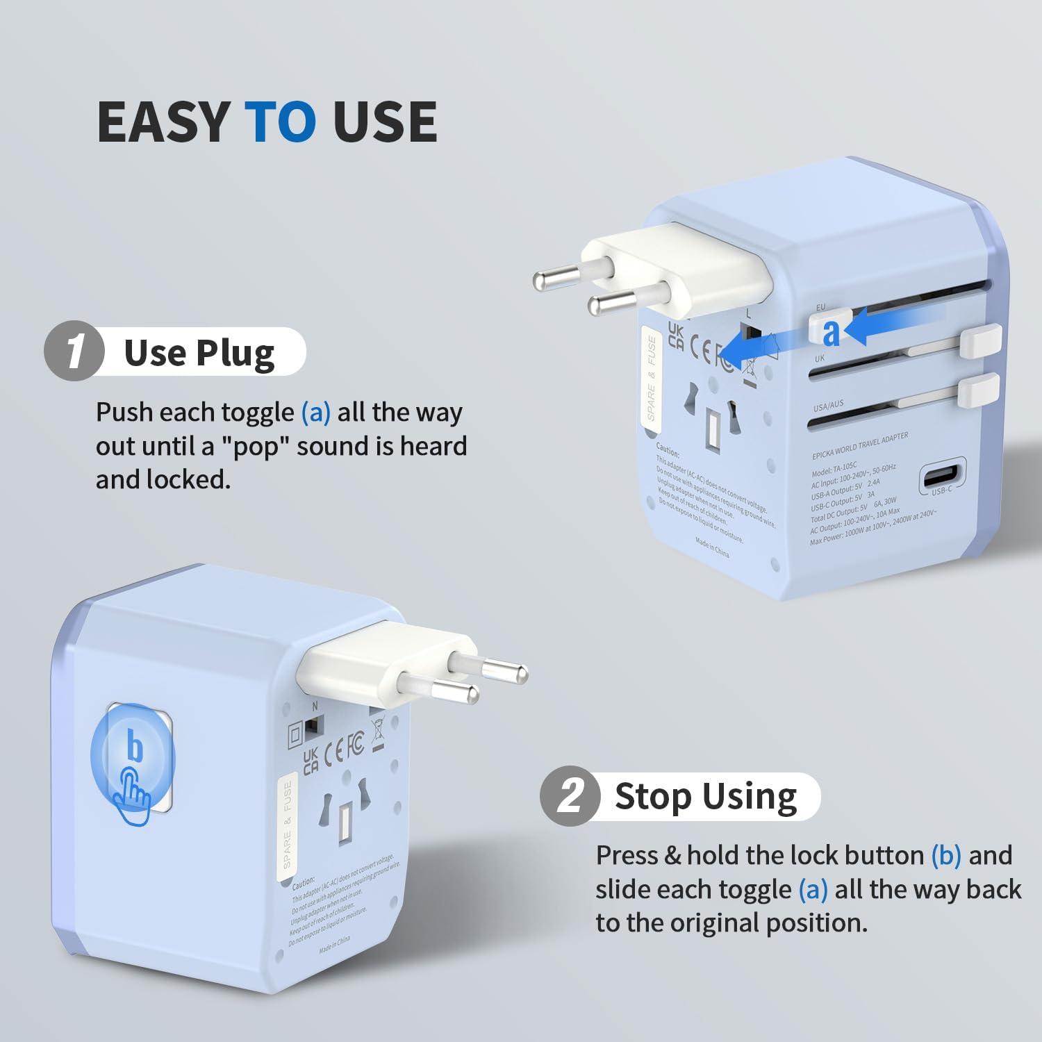 imageEPICKA Universal Travel Adapter International Power Adapter with 2 USBA ampamp 3 USBC Ports Wall Charger  Worldwide Travel Essentials European Travel Plug Adapter for UKUSAU TA105C Black5USB3 USBC30W Blue