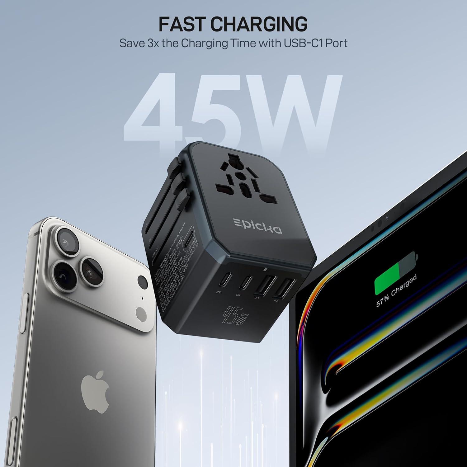 imageEPICKA Universal Travel Adapter International Power Adapter with 2 USBA ampamp 3 USBC Ports Wall Charger  Worldwide Travel Essentials European Travel Plug Adapter for UKUSAU TA105C Black5USB3 USBC45W Black