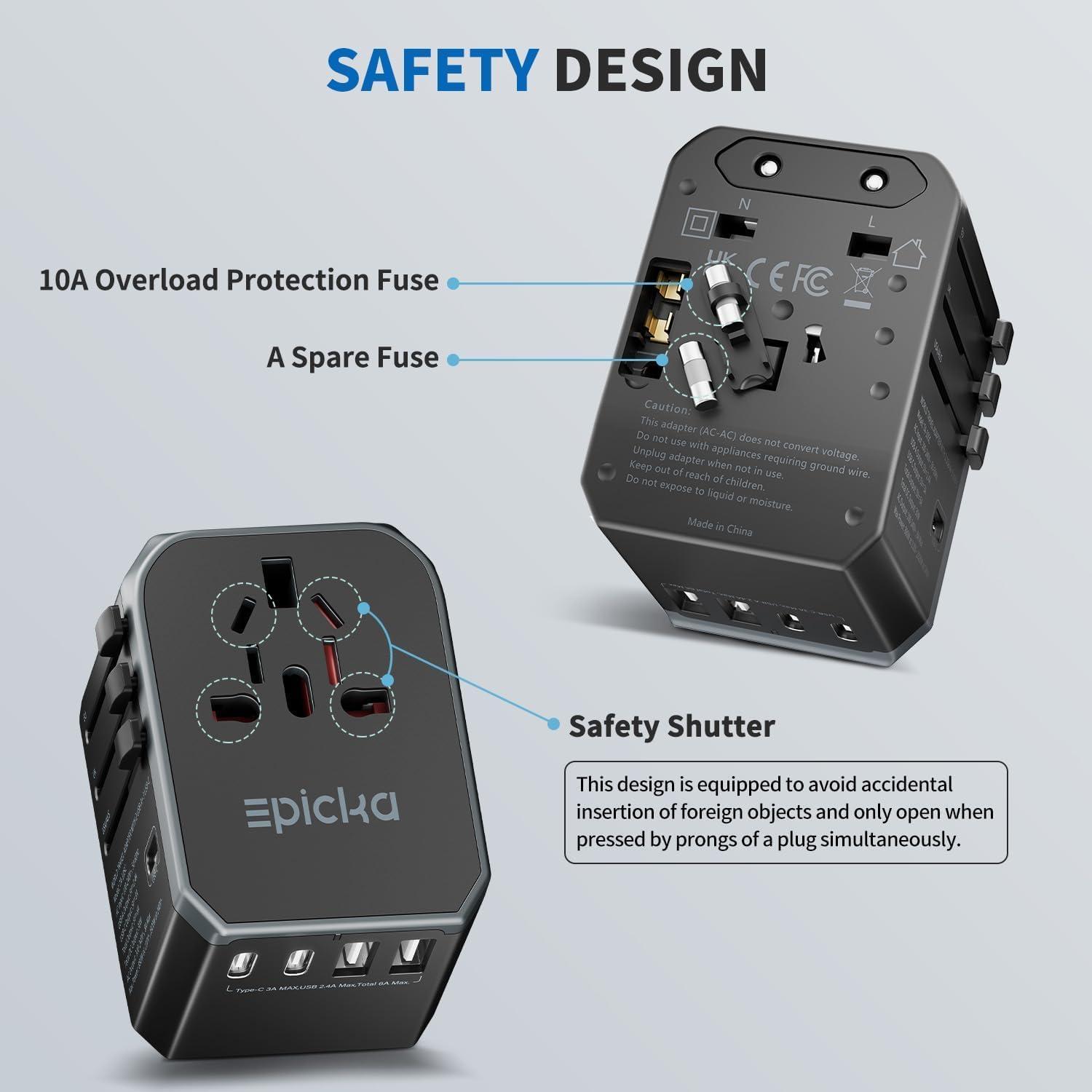 imageEPICKA Universal Travel Adapter International Power Adapter with 2 USBA ampamp 3 USBC Ports Wall Charger  Worldwide Travel Essentials European Travel Plug Adapter for UKUSAU TA105C Black5USB3 USBC30W Black