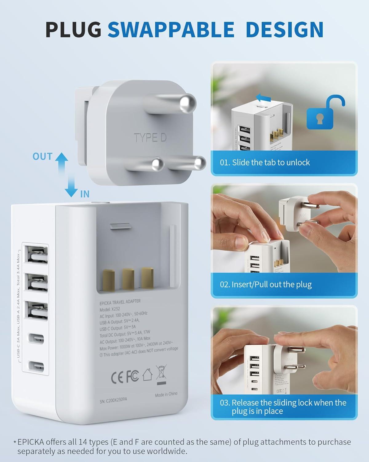 imageEuropean Travel Plug Adapter US to Europe Plug Adapter with 2 US Outlets 3 USBA ampamp 2 USBC Ports Detachable Type C Outlet Adapter Charger for Most of Europe Italy Spain Iceland Portugal X232CType DIndiaPakistan