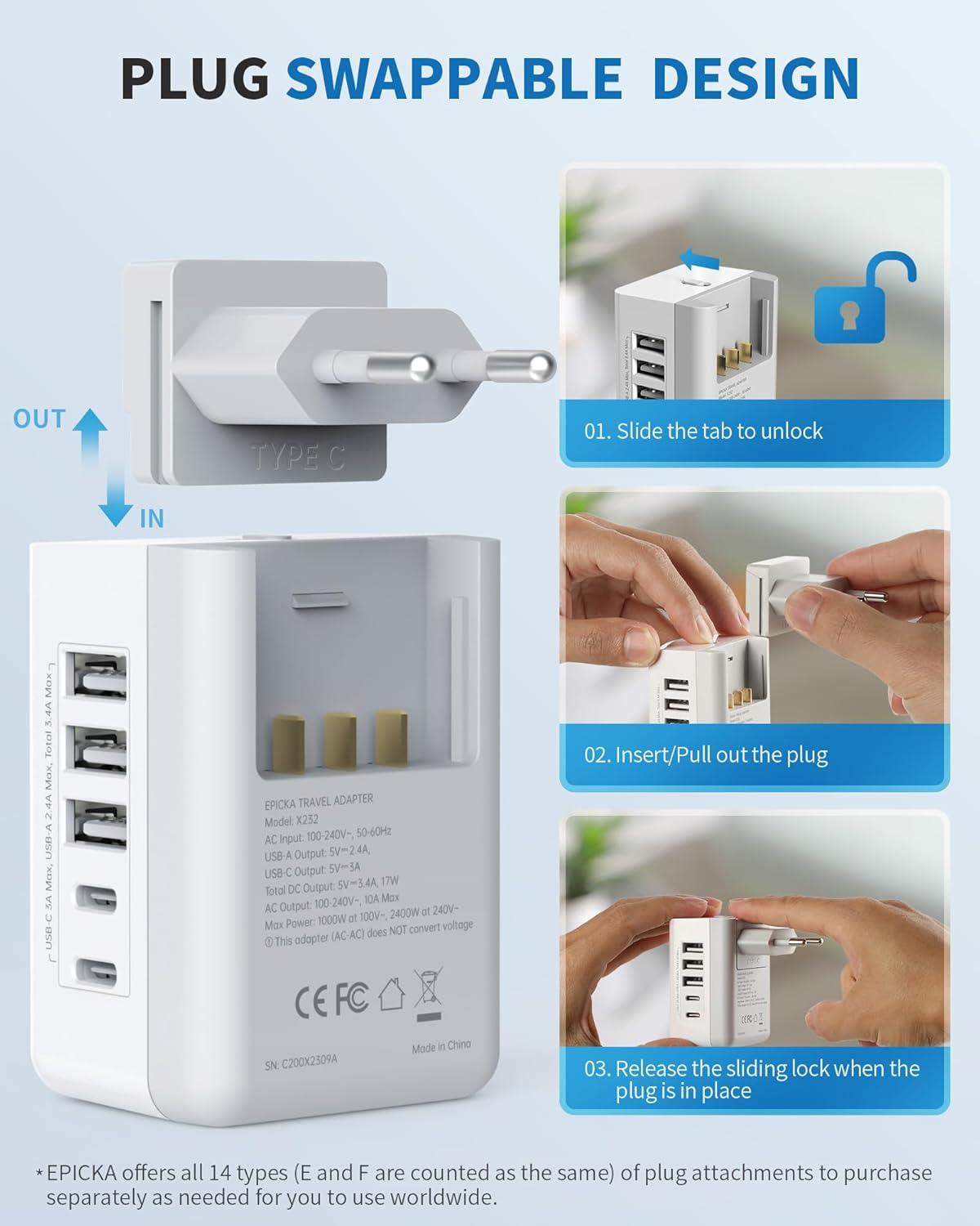 imageEuropean Travel Plug Adapter US to Europe Plug Adapter with 2 US Outlets 3 USBA ampamp 2 USBC Ports Detachable Type C Outlet Adapter Charger for Most of Europe Italy Spain Iceland Portugal X232CType CMost of Europe Except UK or Ireland