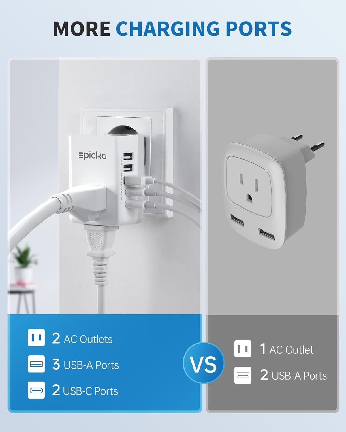 imageEuropean Travel Plug Adapter US to Europe Plug Adapter with 2 US Outlets 3 USBA ampamp 2 USBC Ports Detachable Type C Outlet Adapter Charger for Most of Europe Italy Spain Iceland Portugal X232CType CMost of Europe Except UK or Ireland