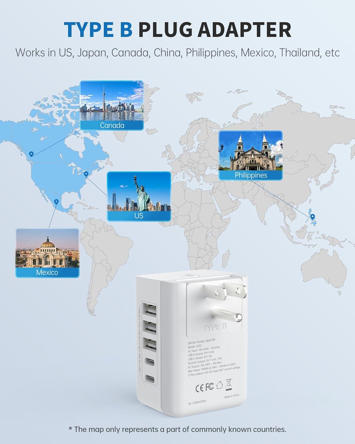 imageEuropean Travel Plug Adapter US to Europe Plug Adapter with 2 US Outlets 3 USBA ampamp 2 USBC Ports Detachable Type C Outlet Adapter Charger for Most of Europe Italy Spain Iceland Portugal X232CType BUS