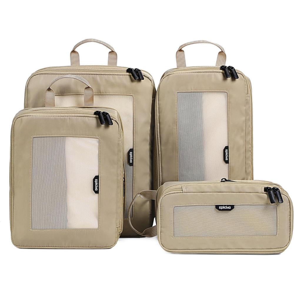 imageEPICKA TripCozy Compression Packing Cubes  4 Set Durable Travel Organizer Bags with Mesh Top Expandable Travel Accessories for Carry on Luggage Suitcase Backpack BeigeKhaki
